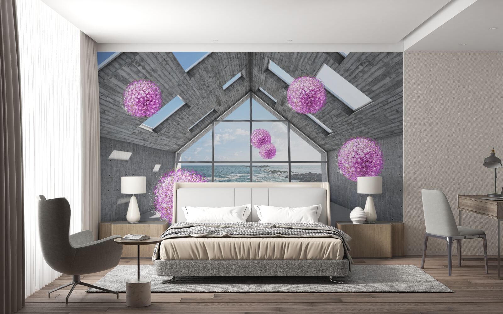 Фотошпалери фіолетові кульки та мальовничий пейзаж за вікном