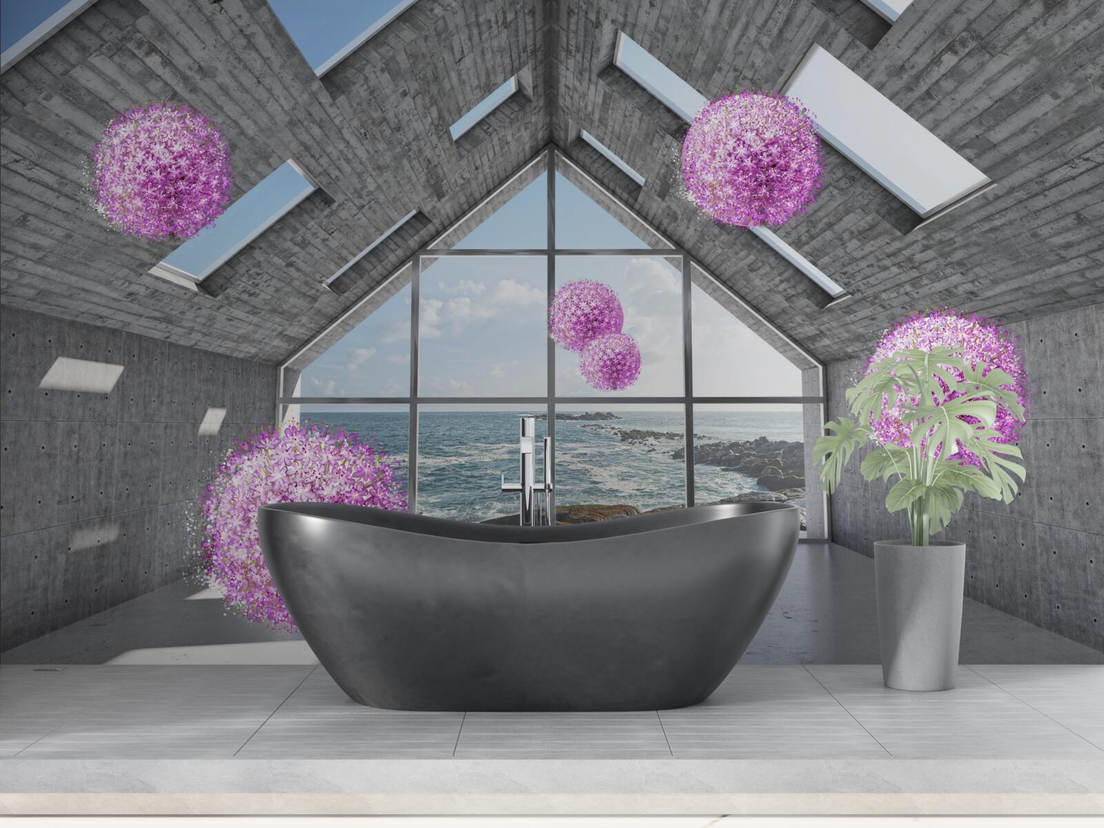 Фотошпалери фіолетові кульки та мальовничий пейзаж за вікном