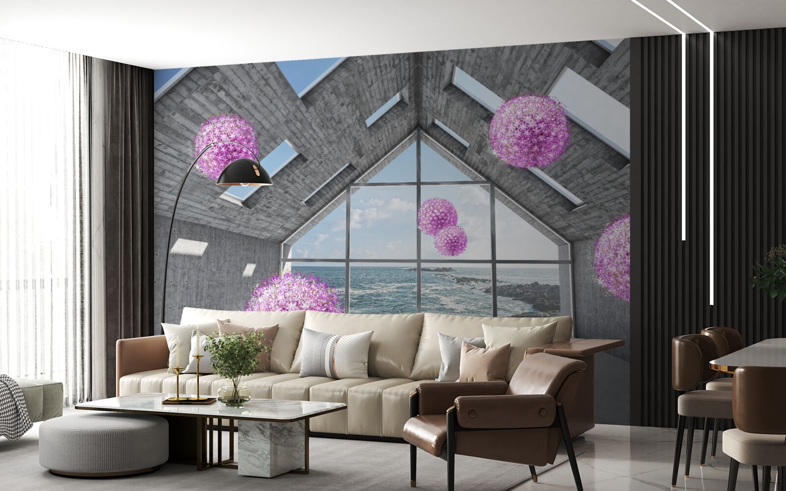 Фотошпалери фіолетові кульки та мальовничий пейзаж за вікном