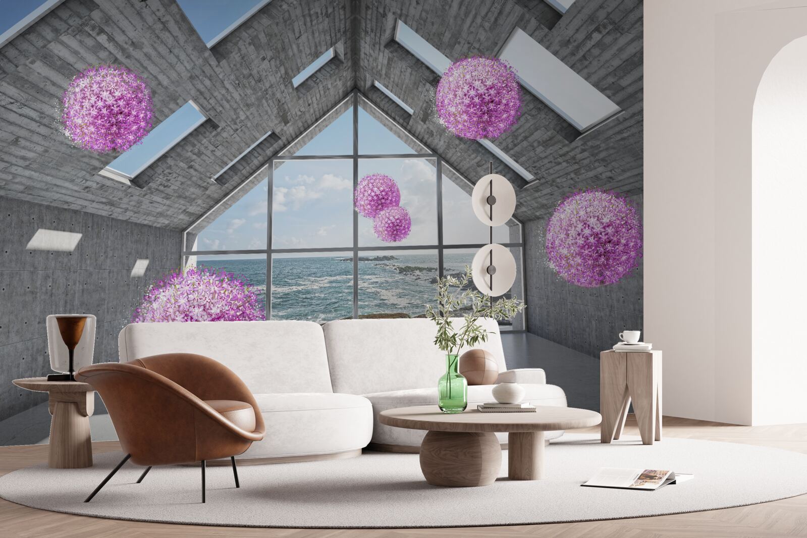 Фотошпалери фіолетові кульки та мальовничий пейзаж за вікном