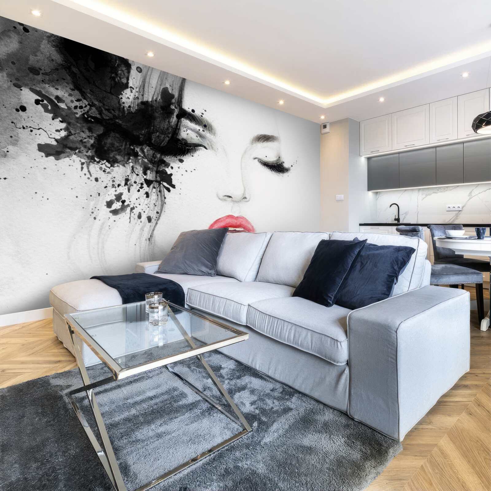 Фотошпалери зображення дівчини із закритими очима та яскраво-червоними губами