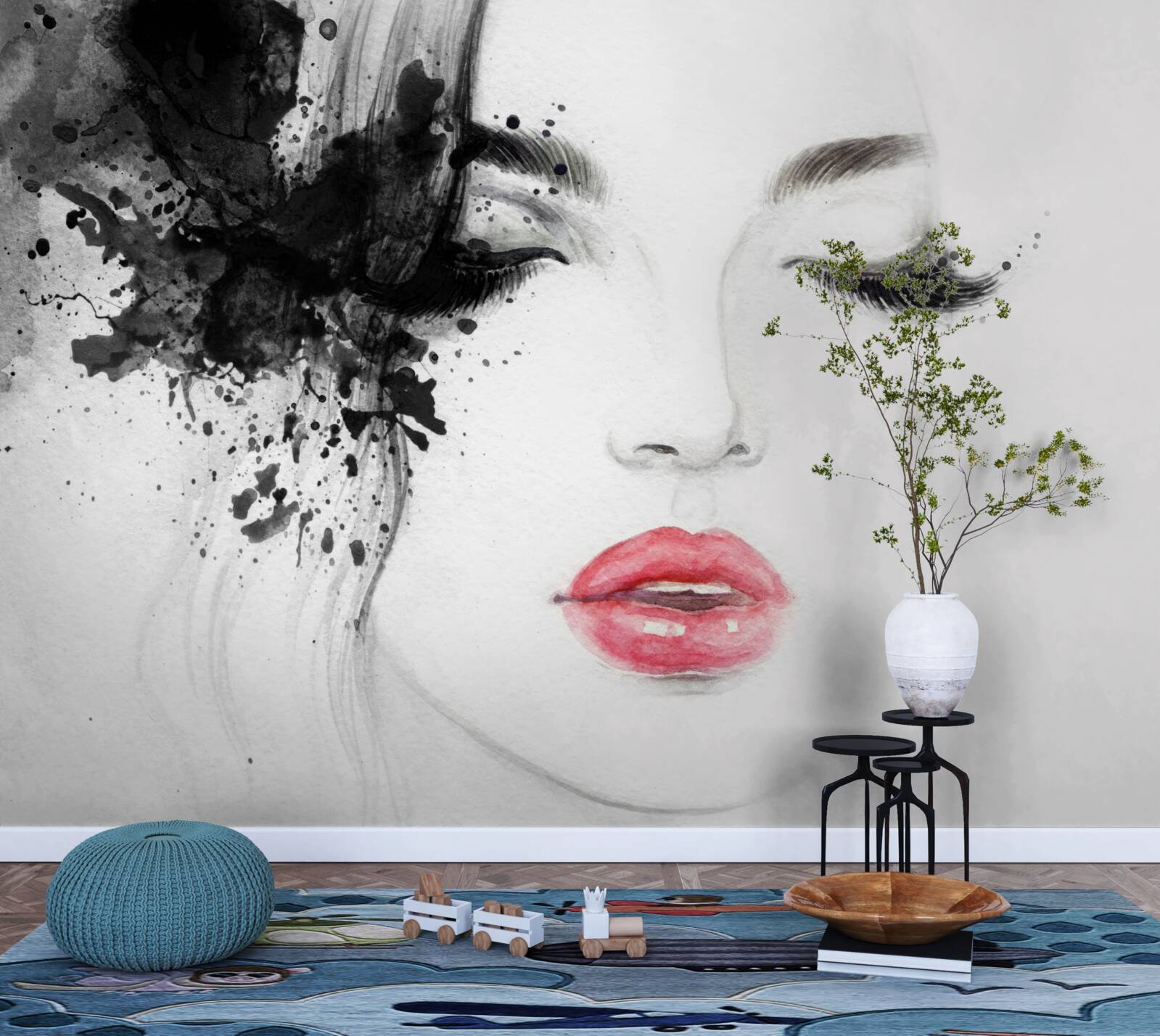 Фотошпалери зображення дівчини із закритими очима та яскраво-червоними губами