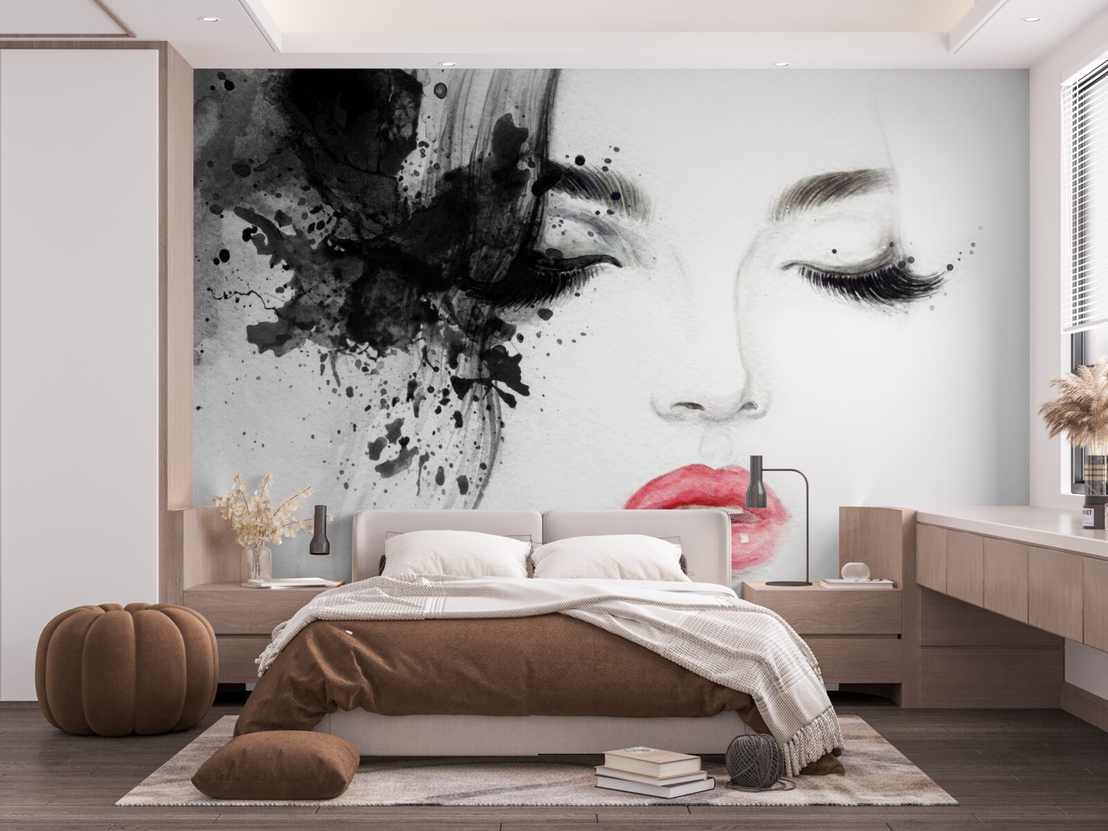 Фотошпалери зображення дівчини із закритими очима та яскраво-червоними губами