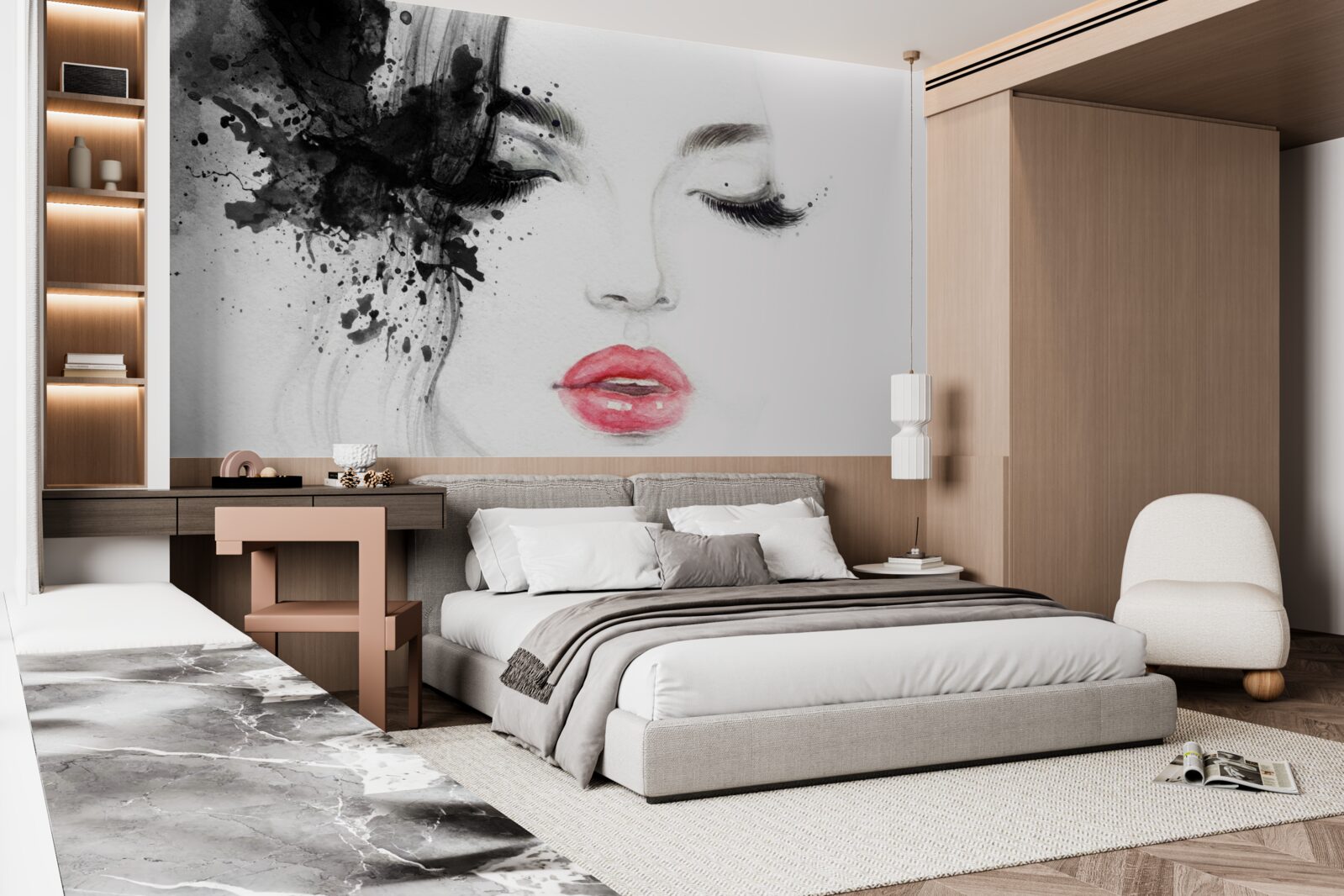 Фотошпалери зображення дівчини із закритими очима та яскраво-червоними губами