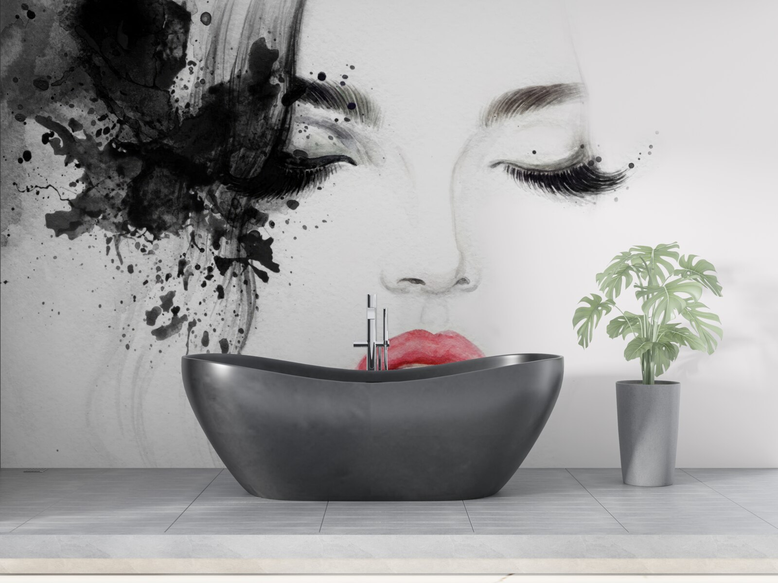 Фотошпалери зображення дівчини із закритими очима та яскраво-червоними губами