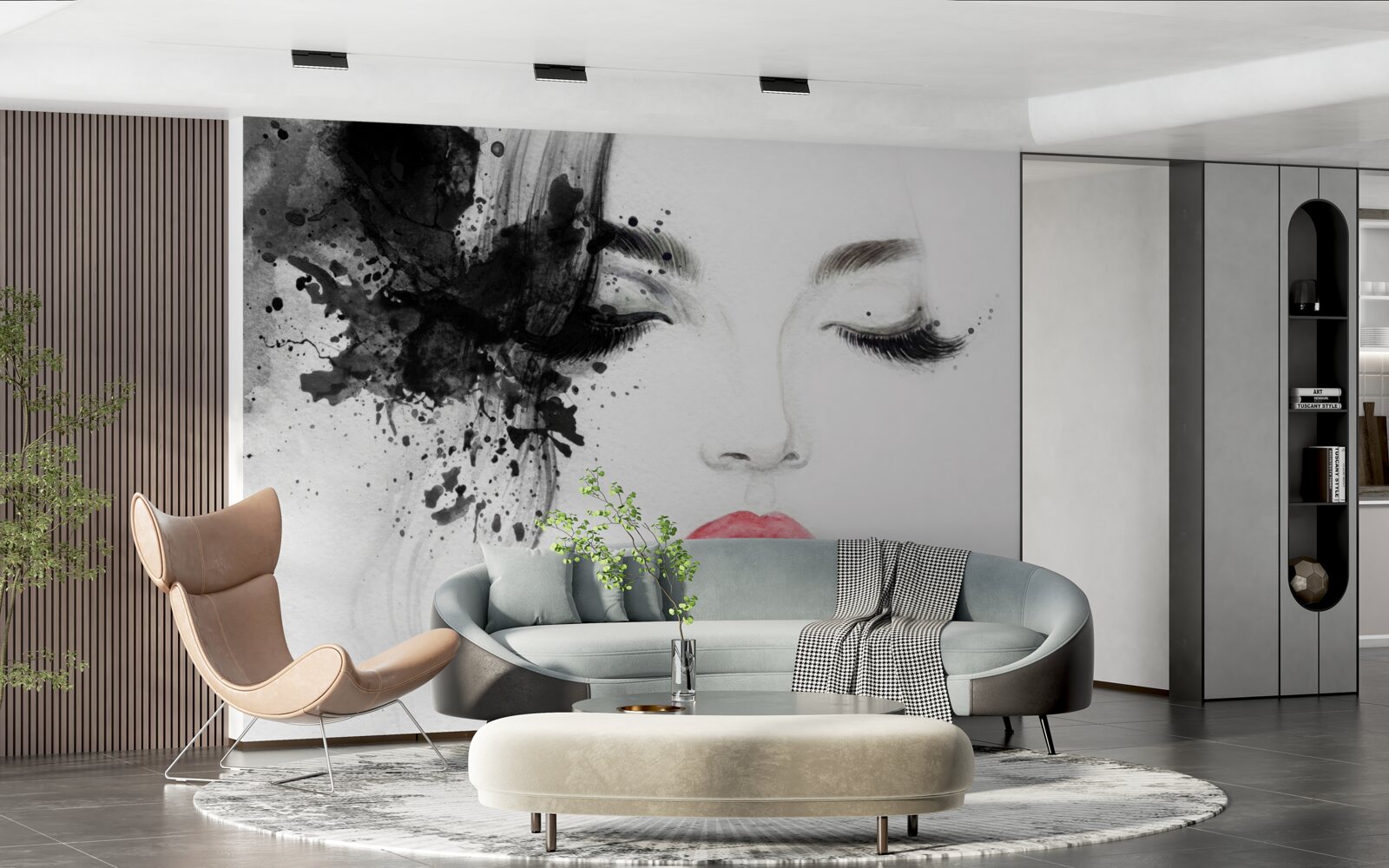 Фотошпалери зображення дівчини із закритими очима та яскраво-червоними губами