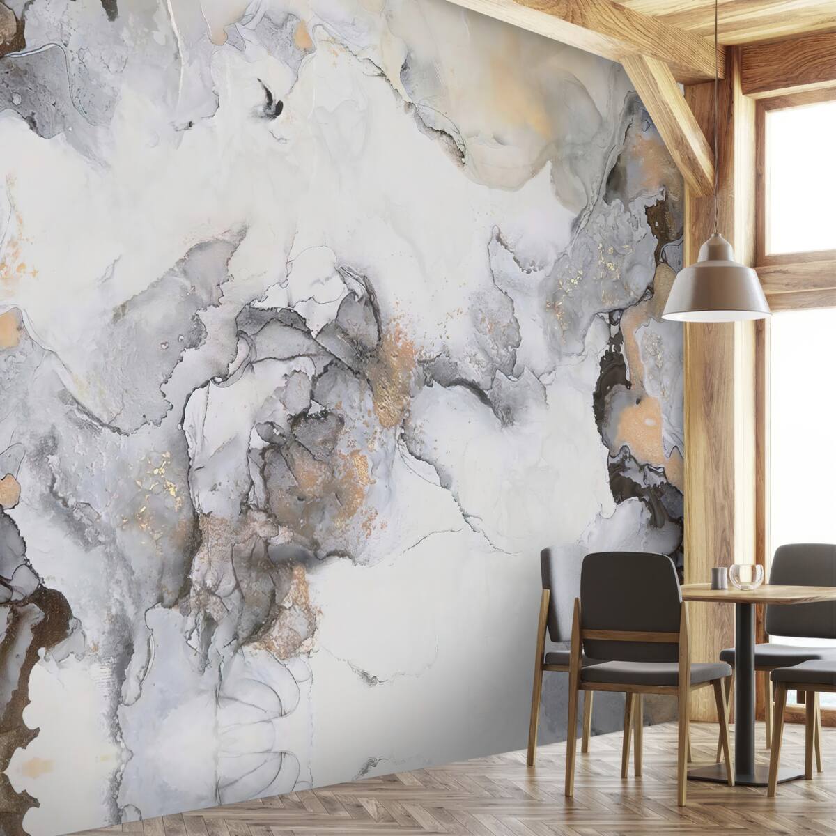 Фотошпалери абстрактний у відтінках білого, сірого та золотого