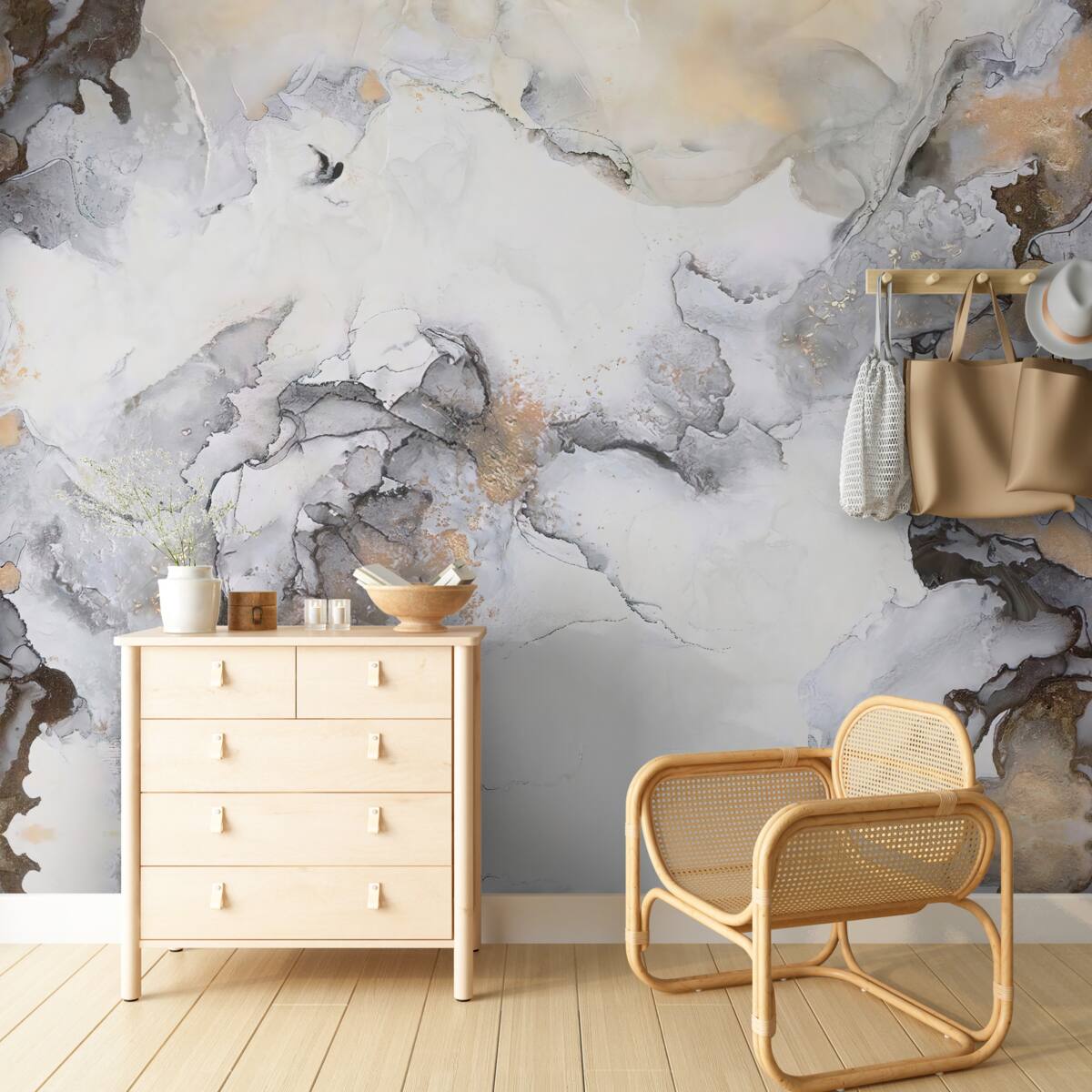 Фотошпалери абстрактний у відтінках білого, сірого та золотого