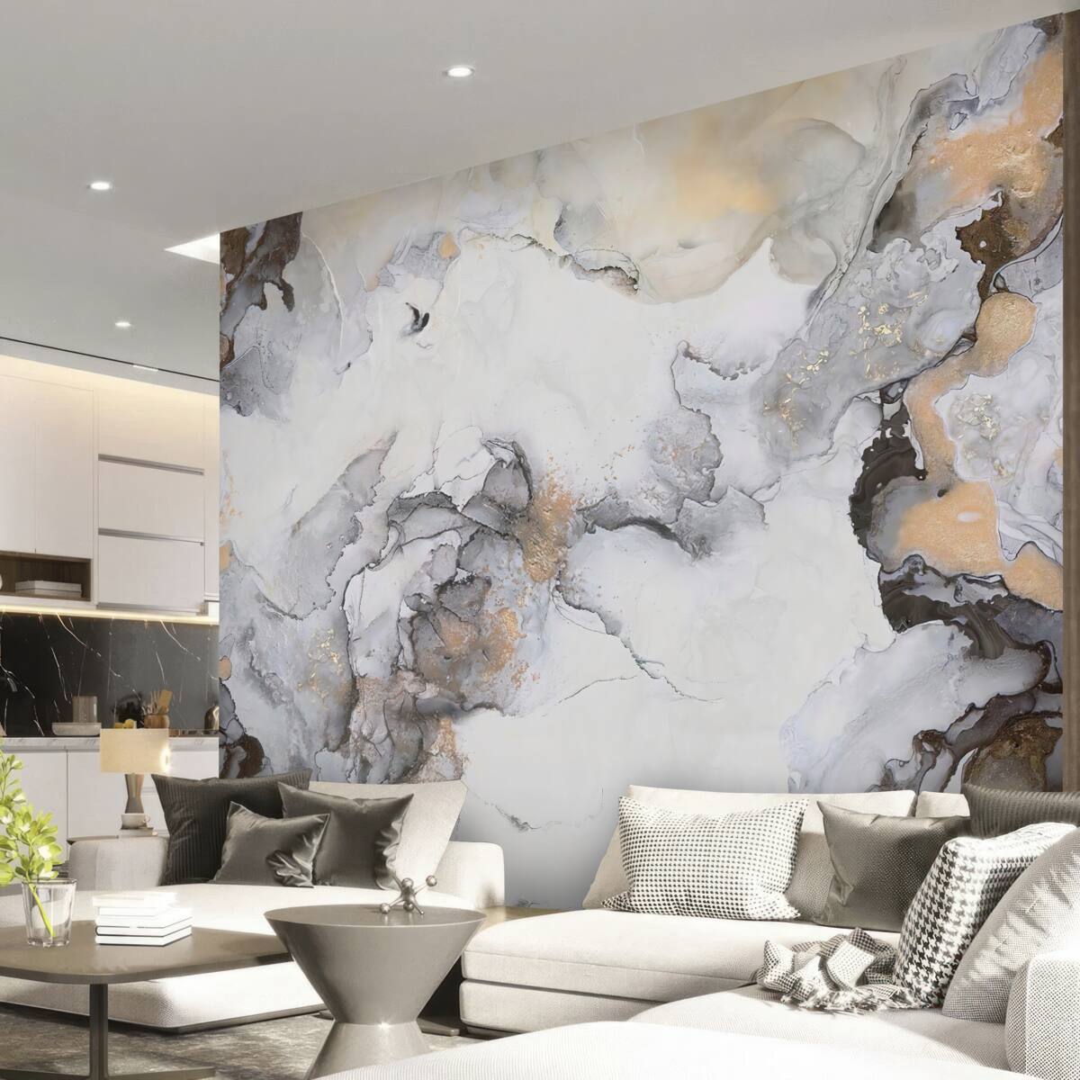 Фотошпалери абстрактний у відтінках білого, сірого та золотого