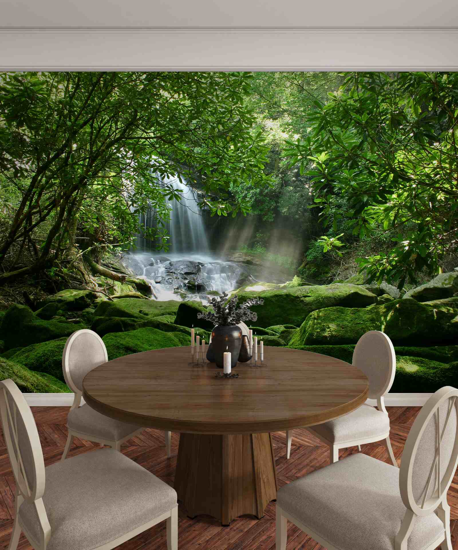 Фотошпалери водоспад в оточенні пишної зелені та дерев