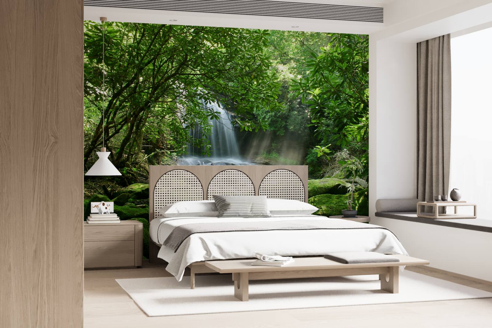 Фотошпалери водоспад в оточенні пишної зелені та дерев