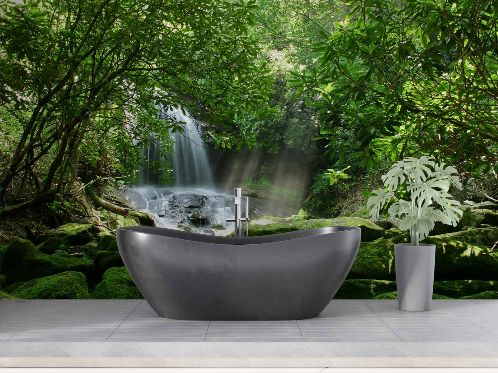 Фотошпалери водоспад в оточенні пишної зелені та дерев