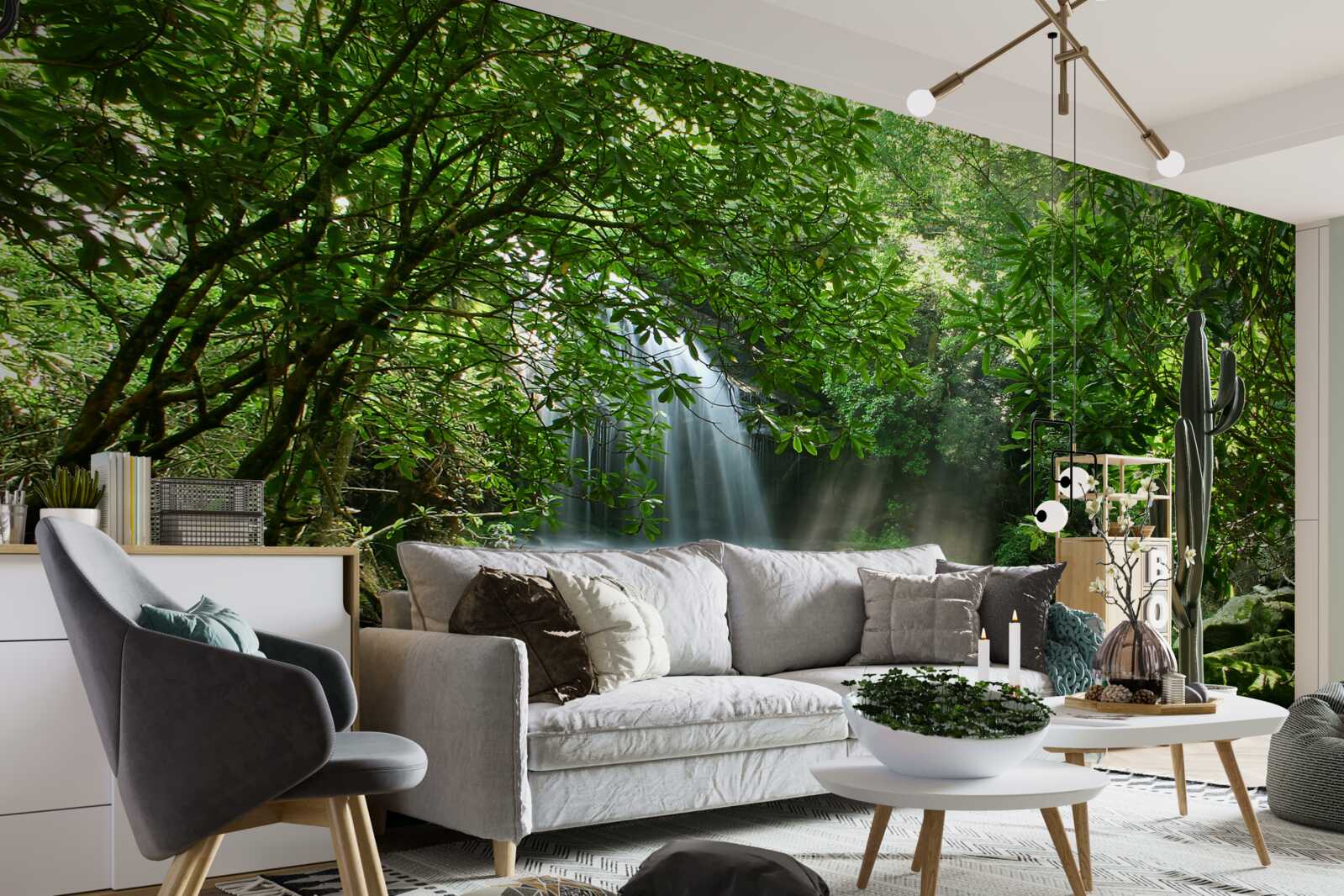 Фотошпалери водоспад в оточенні пишної зелені та дерев