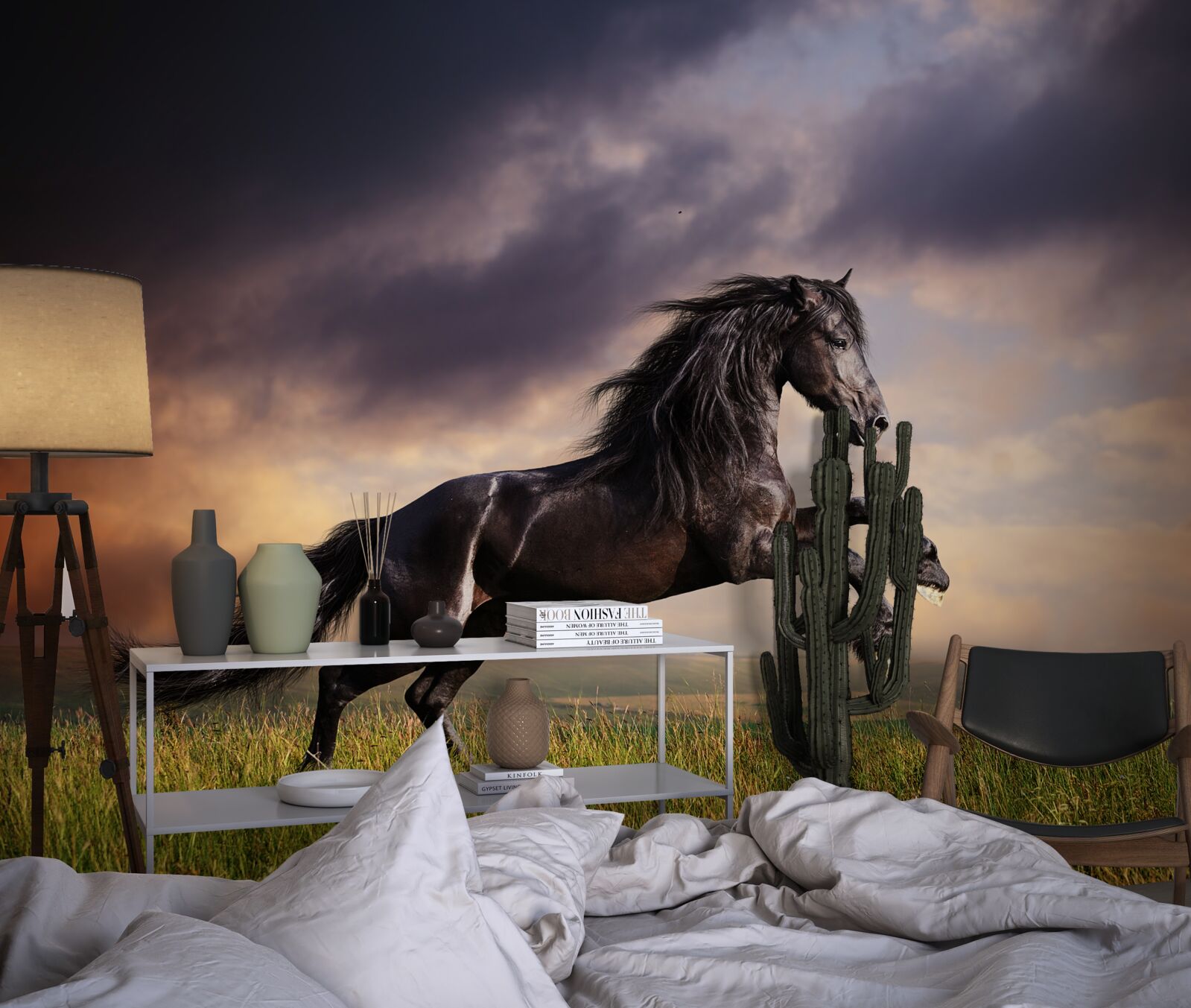 Фотошпалери кінь скаче на тлі темного неба