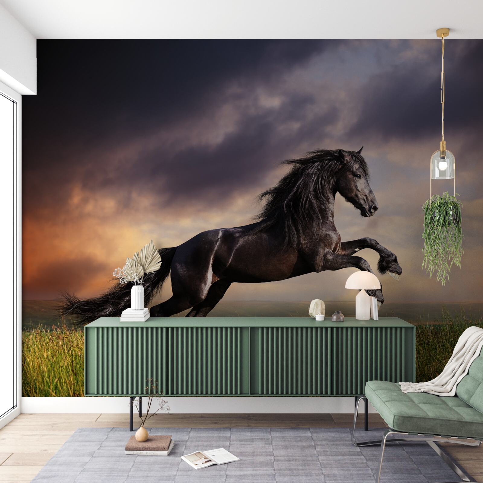 Фотошпалери кінь скаче на тлі темного неба