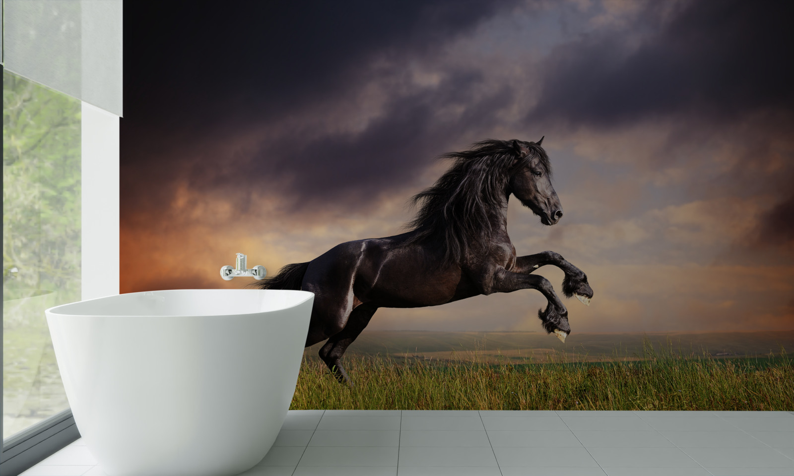 Фотошпалери кінь скаче на тлі темного неба