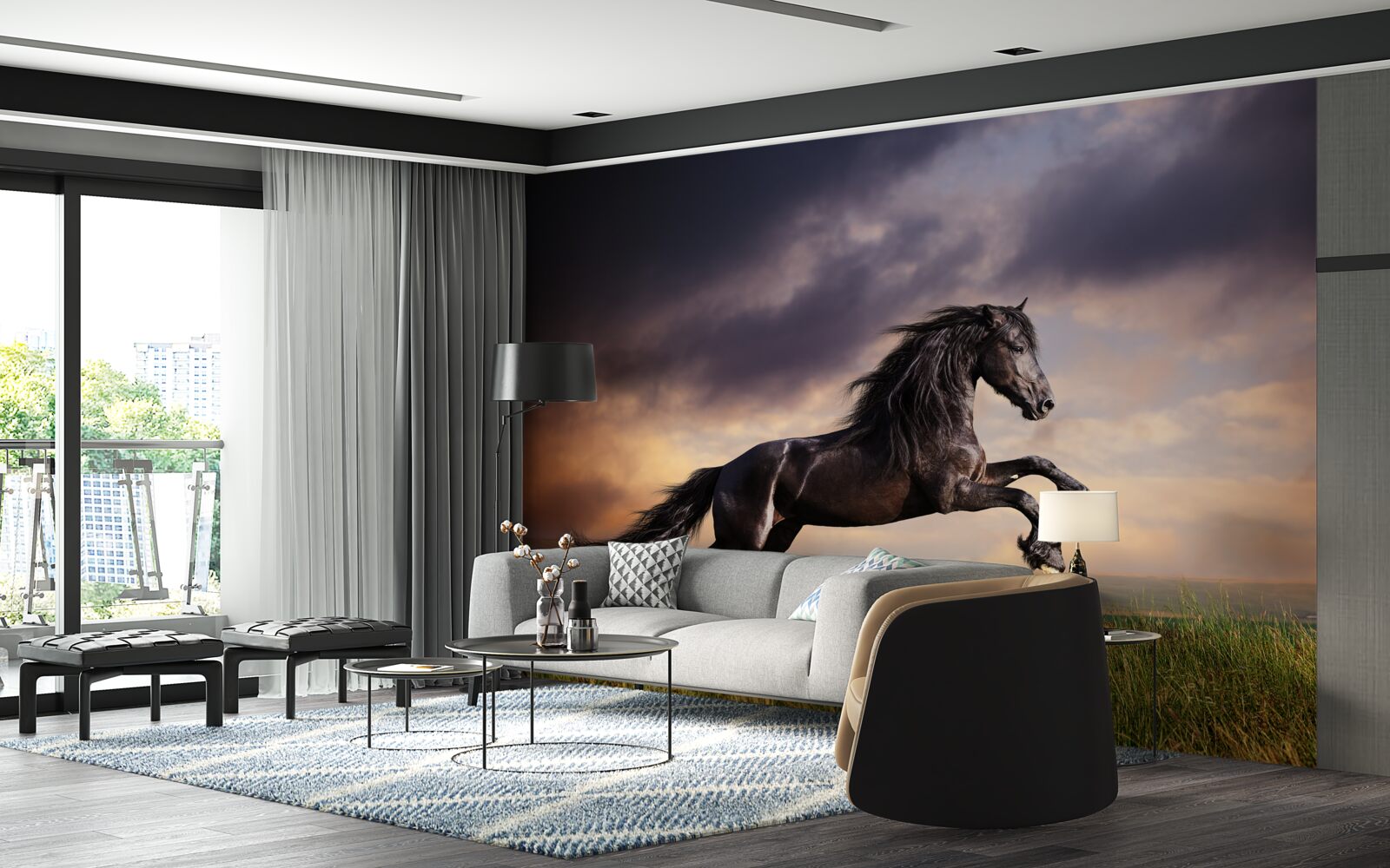 Фотошпалери кінь скаче на тлі темного неба