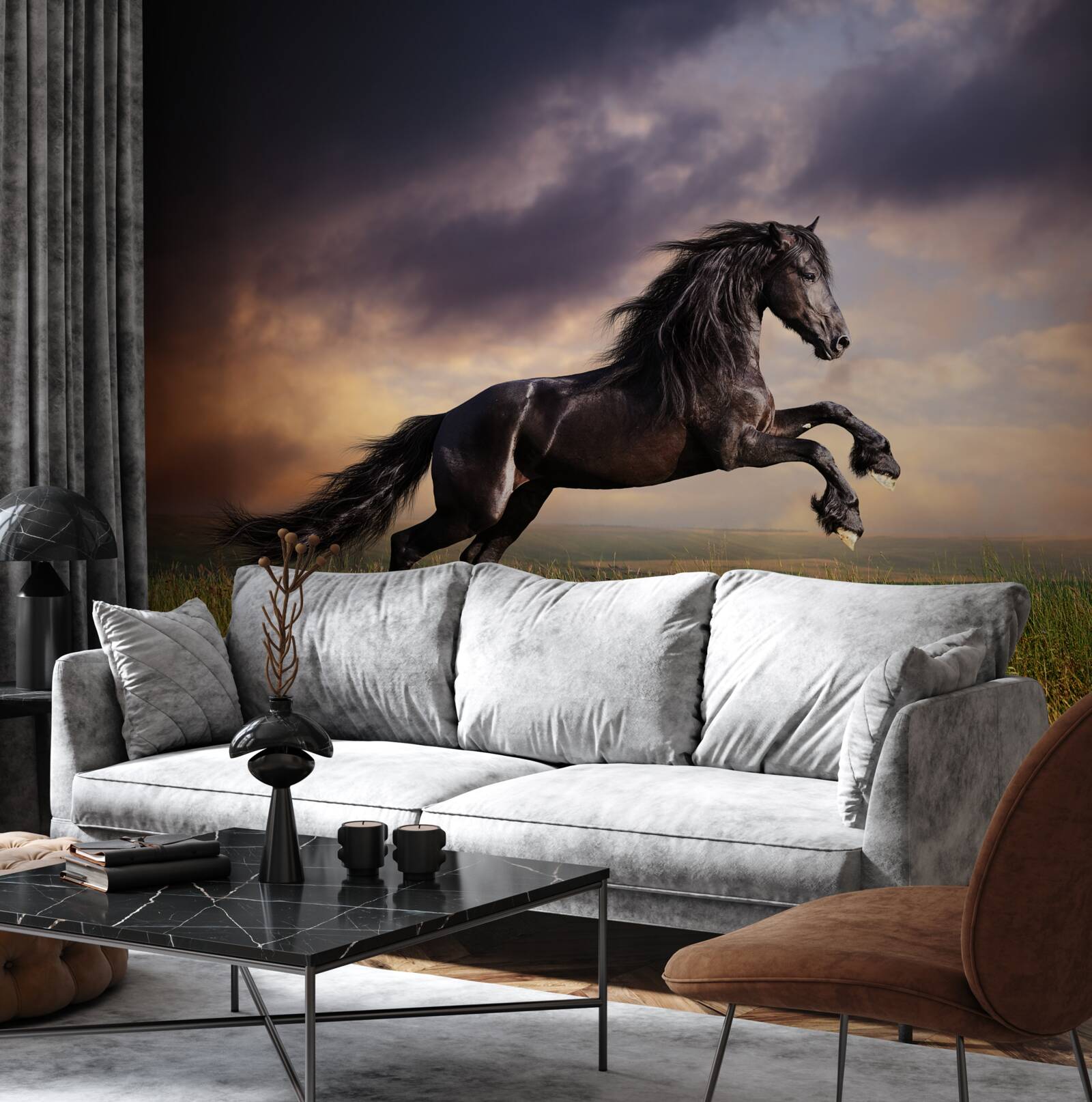 Фотошпалери кінь скаче на тлі темного неба