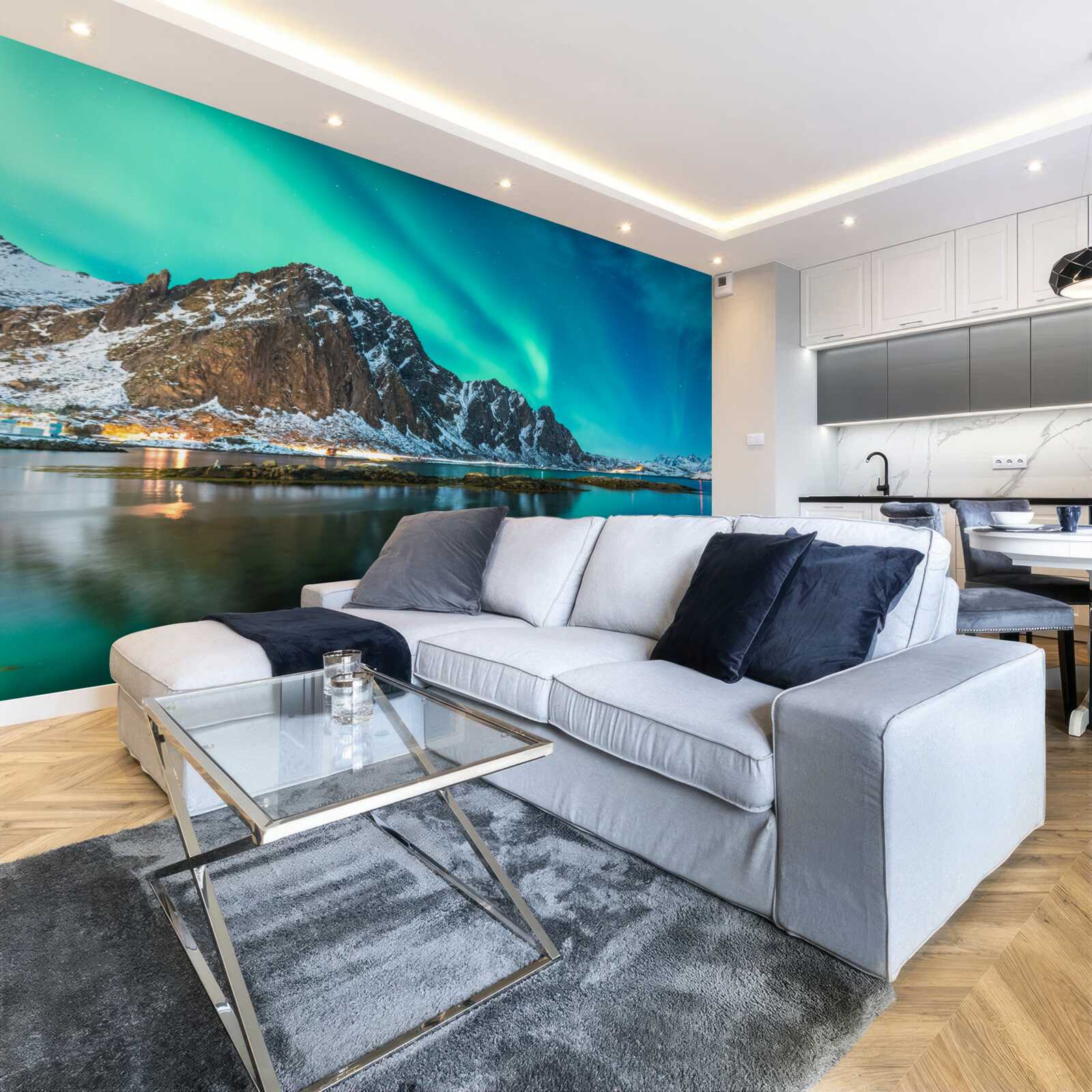 Фотошпалери полярне сяйво над вершиною