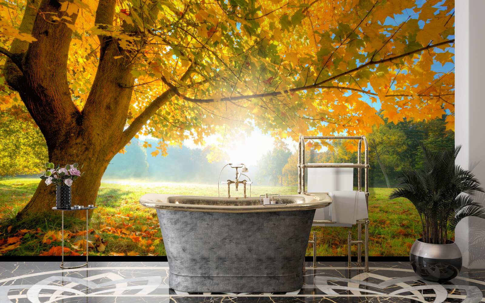 Фотошпалери осінній ліс, освітлений сонцем