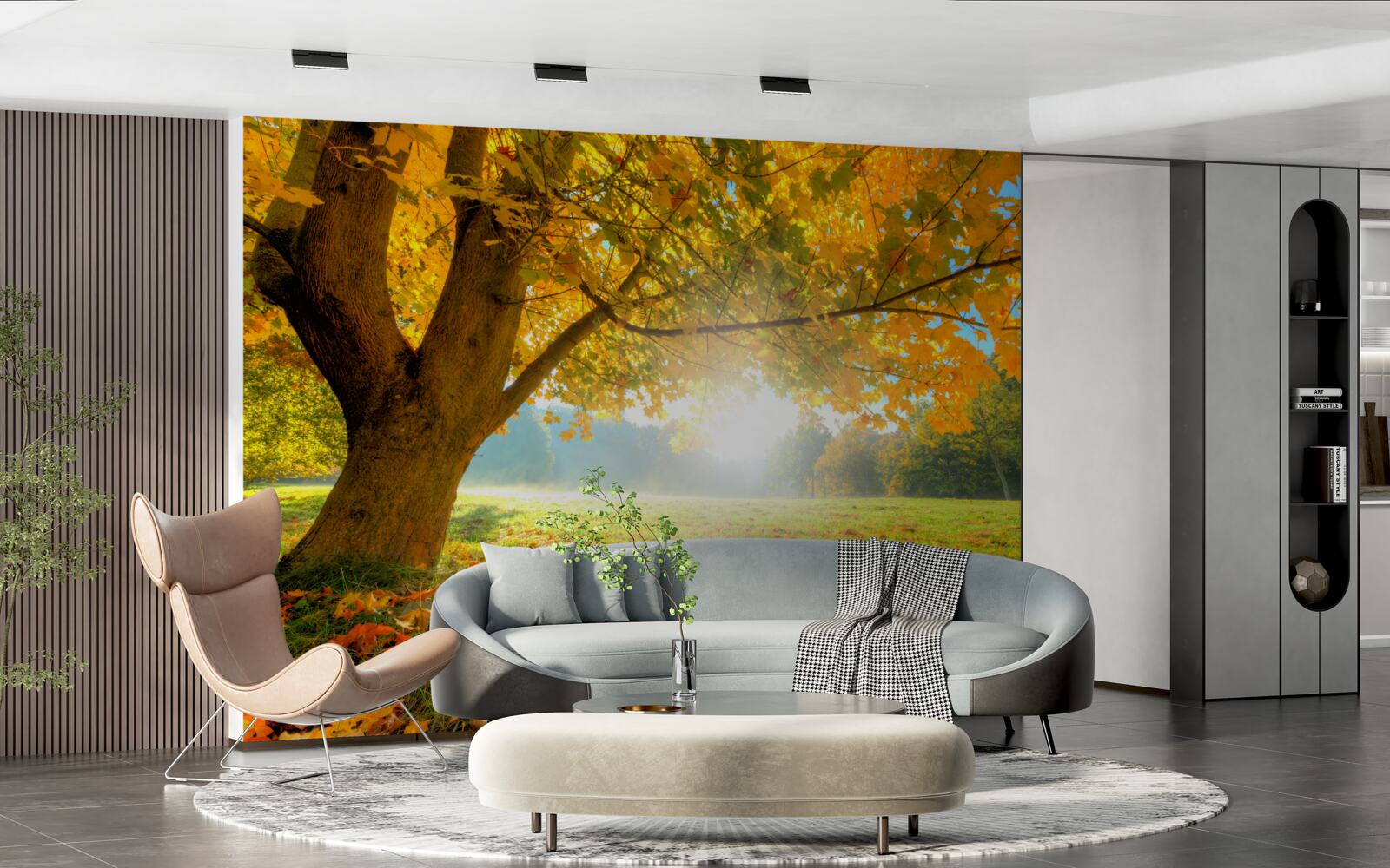 Фотошпалери осінній ліс, освітлений сонцем