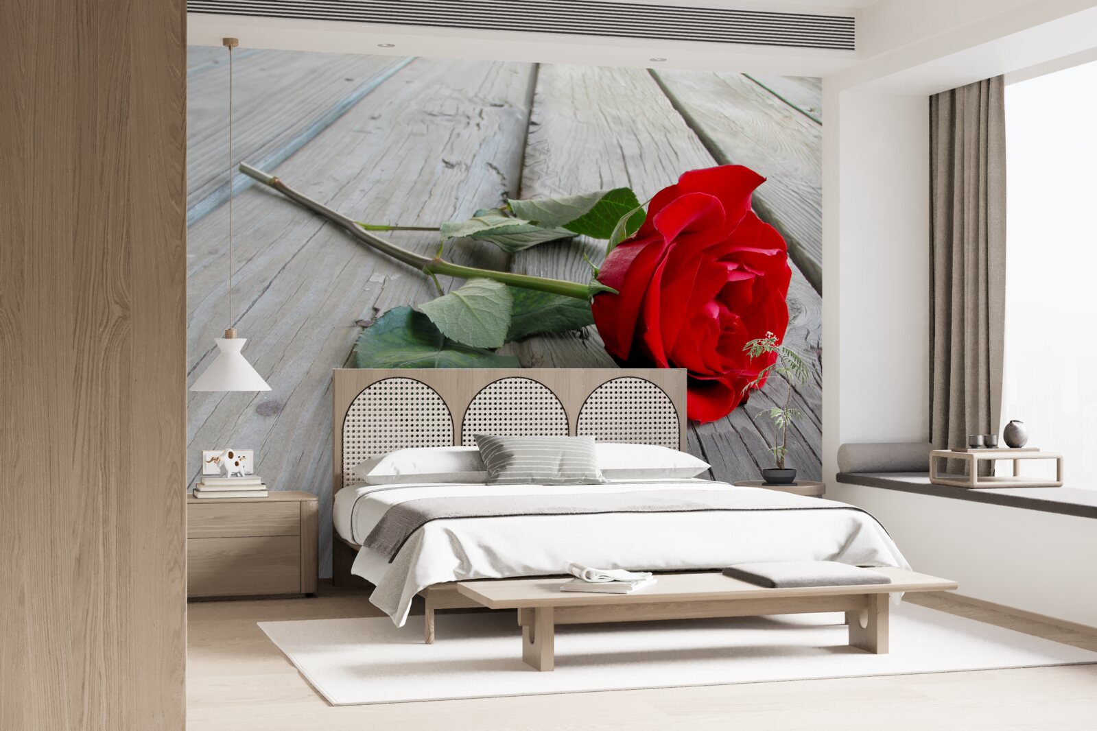 Фотошпалери червона квітка на дерев'яній поверхні