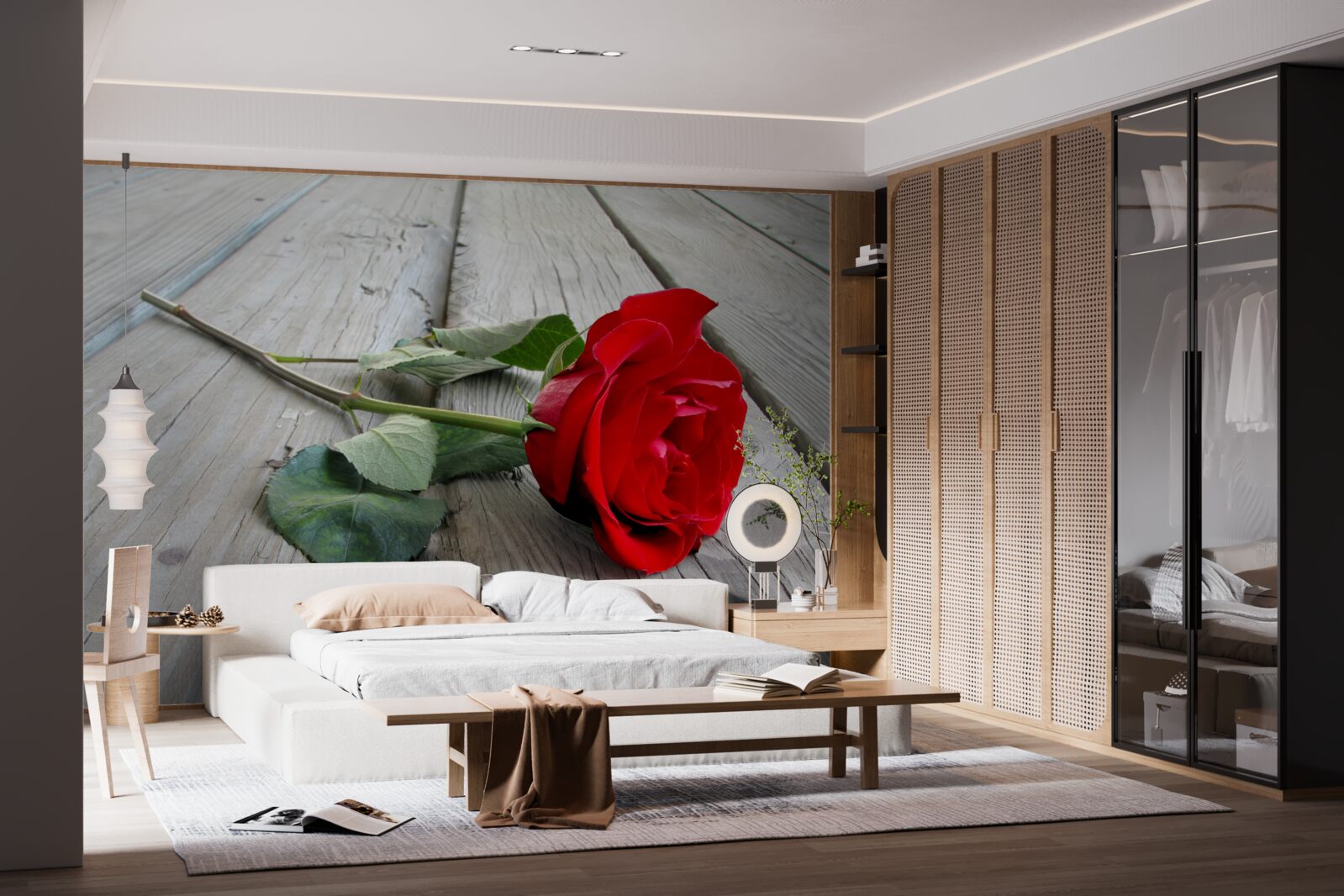 Фотошпалери червона квітка на дерев'яній поверхні