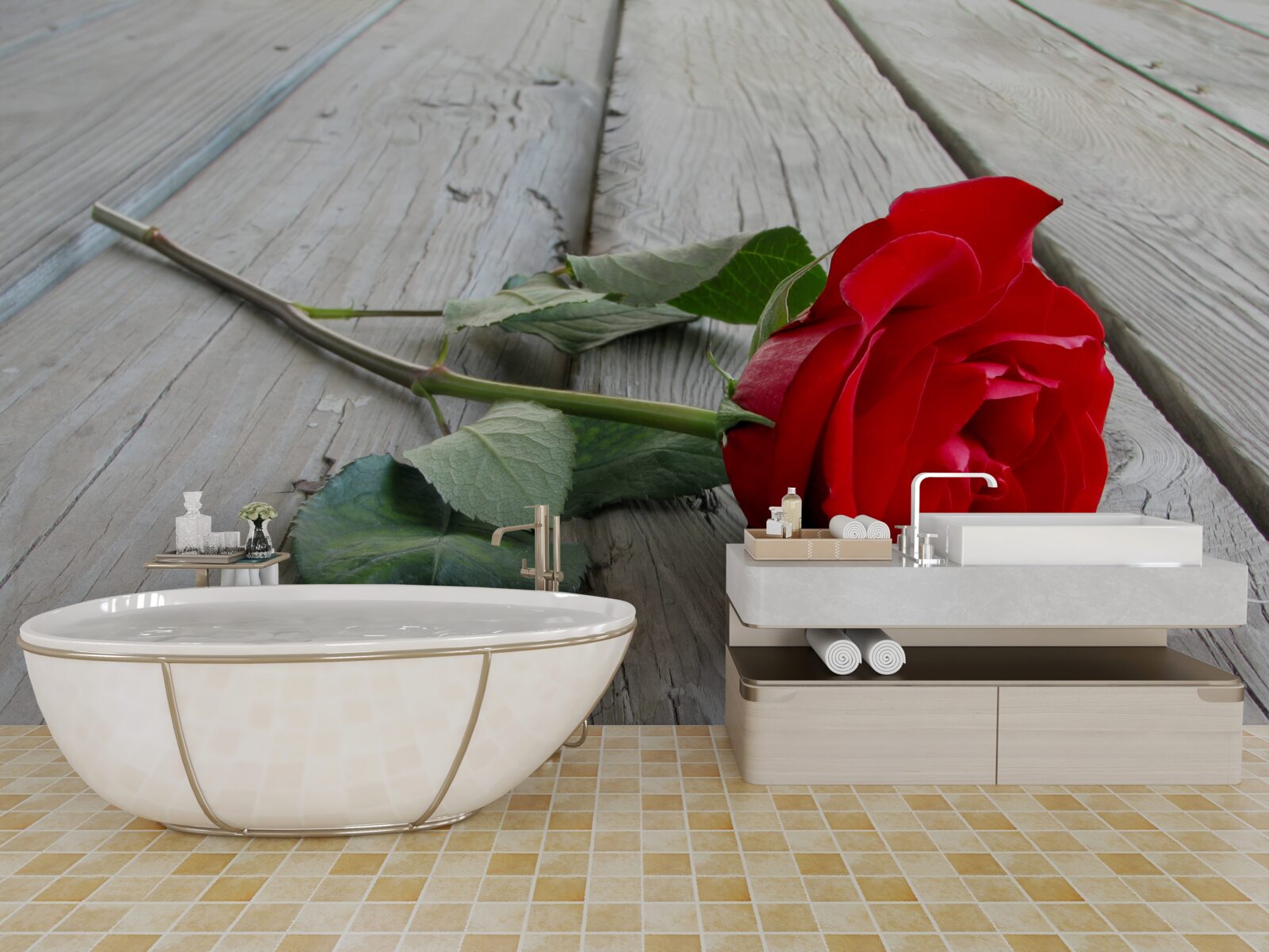 Фотошпалери червона квітка на дерев'яній поверхні