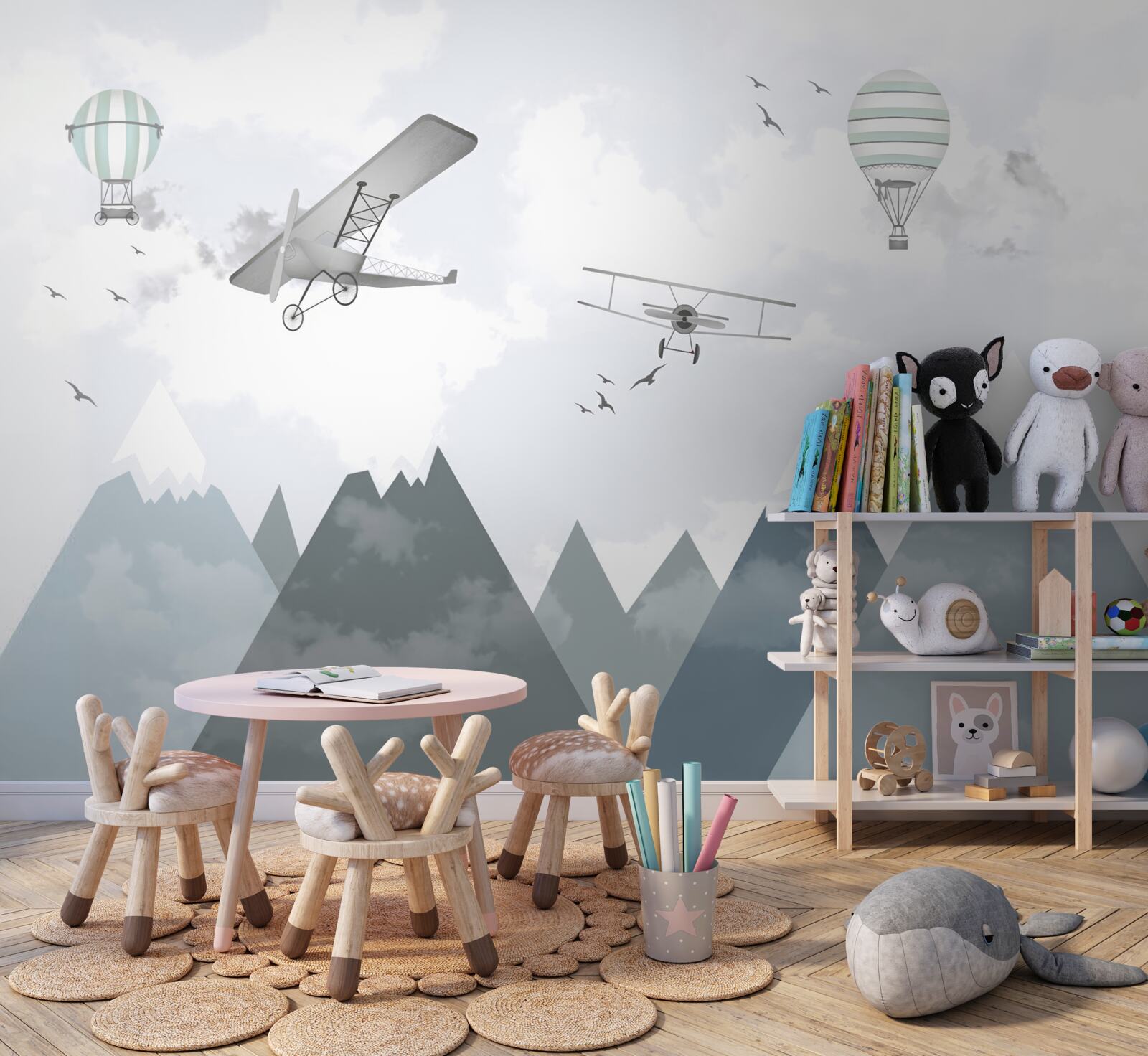 Фотошпалери літаки та гелікоптери пролітають над гірськими вершинами