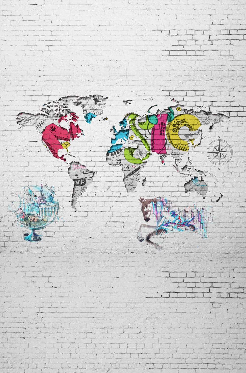 Фотошпалери карта світу в різних кольорах на білій стіні