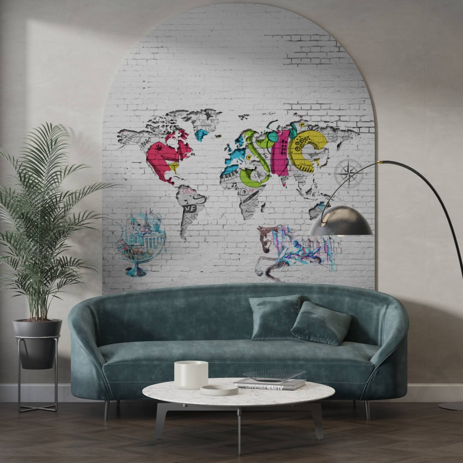 Фотошпалери карта світу в різних кольорах на білій стіні