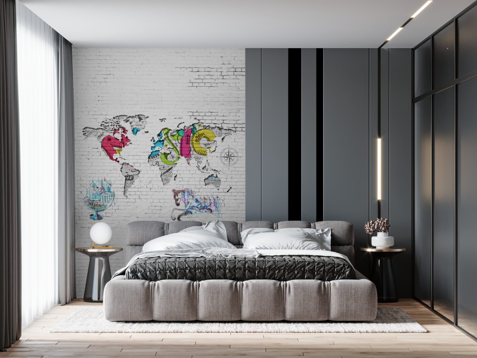 Фотошпалери карта світу в різних кольорах на білій стіні