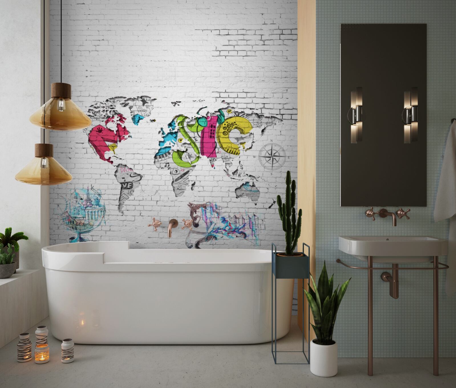 Фотошпалери карта світу в різних кольорах на білій стіні