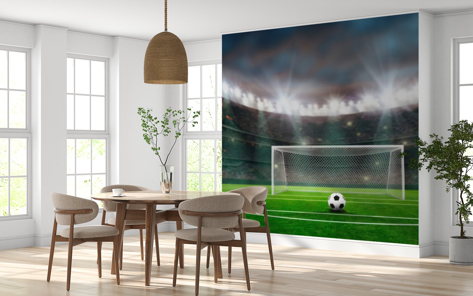 Фотошпалери на полі, поруч з воротами, лежить м'яч