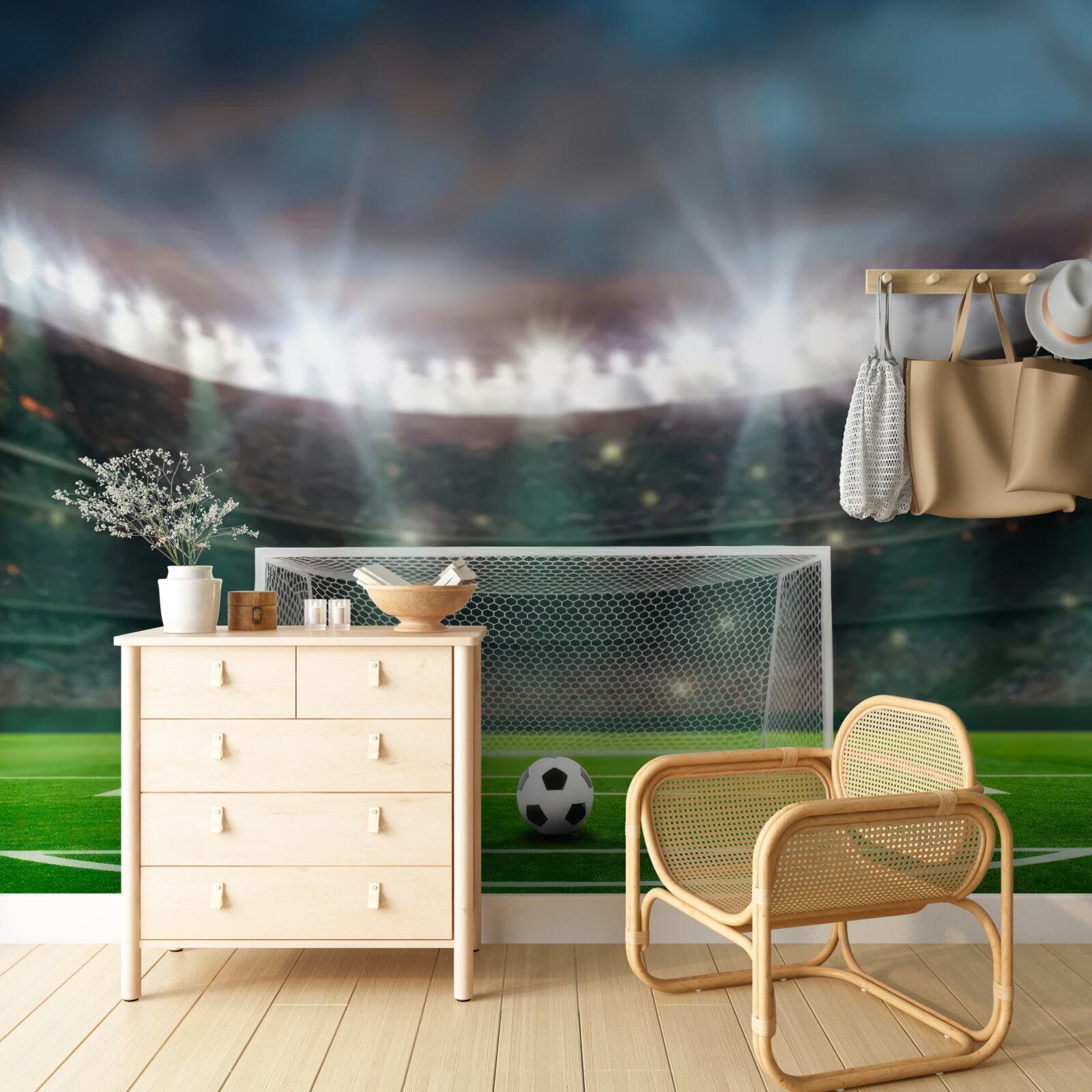 Фотошпалери на полі, поруч з воротами, лежить м'яч