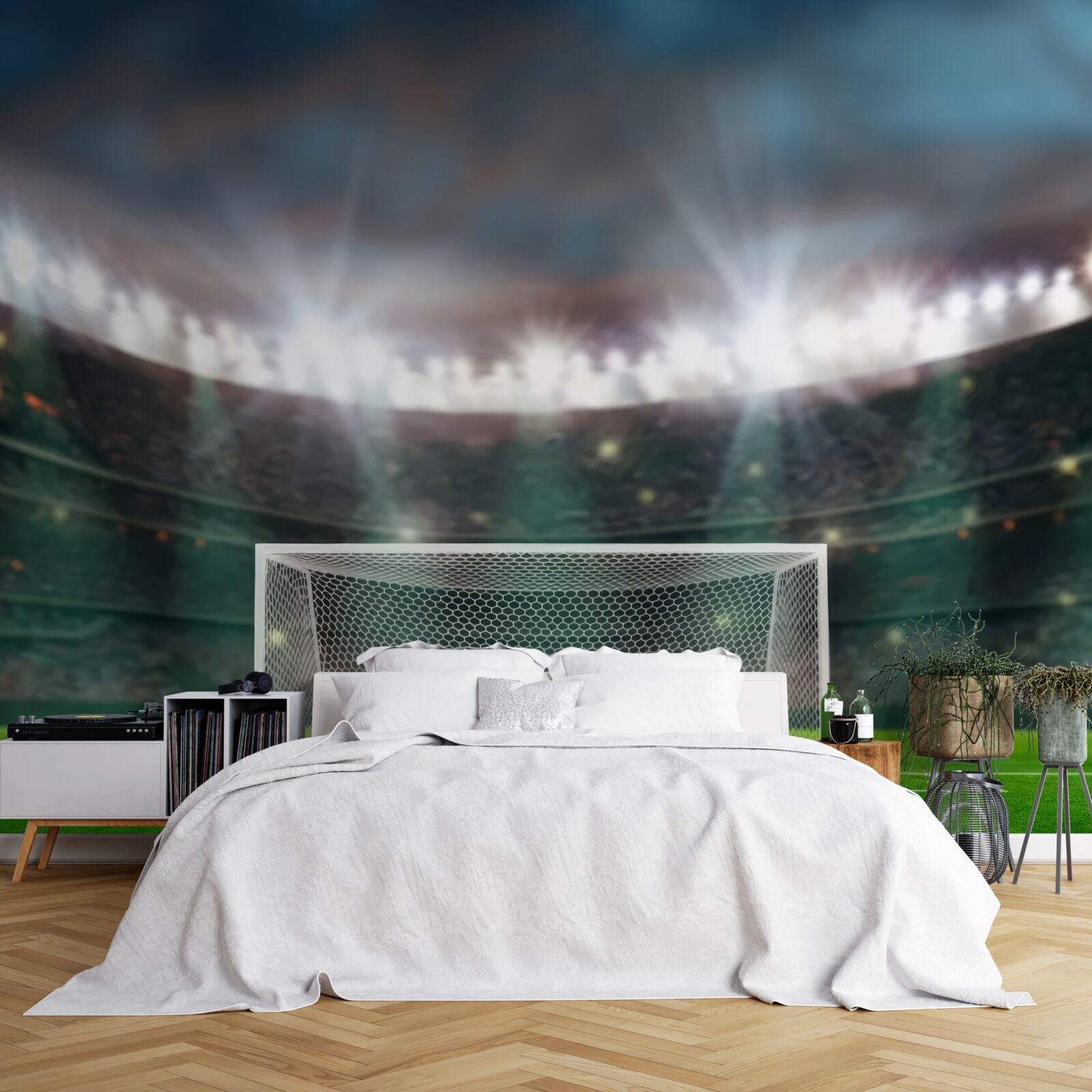 Фотошпалери на полі, поруч з воротами, лежить м'яч