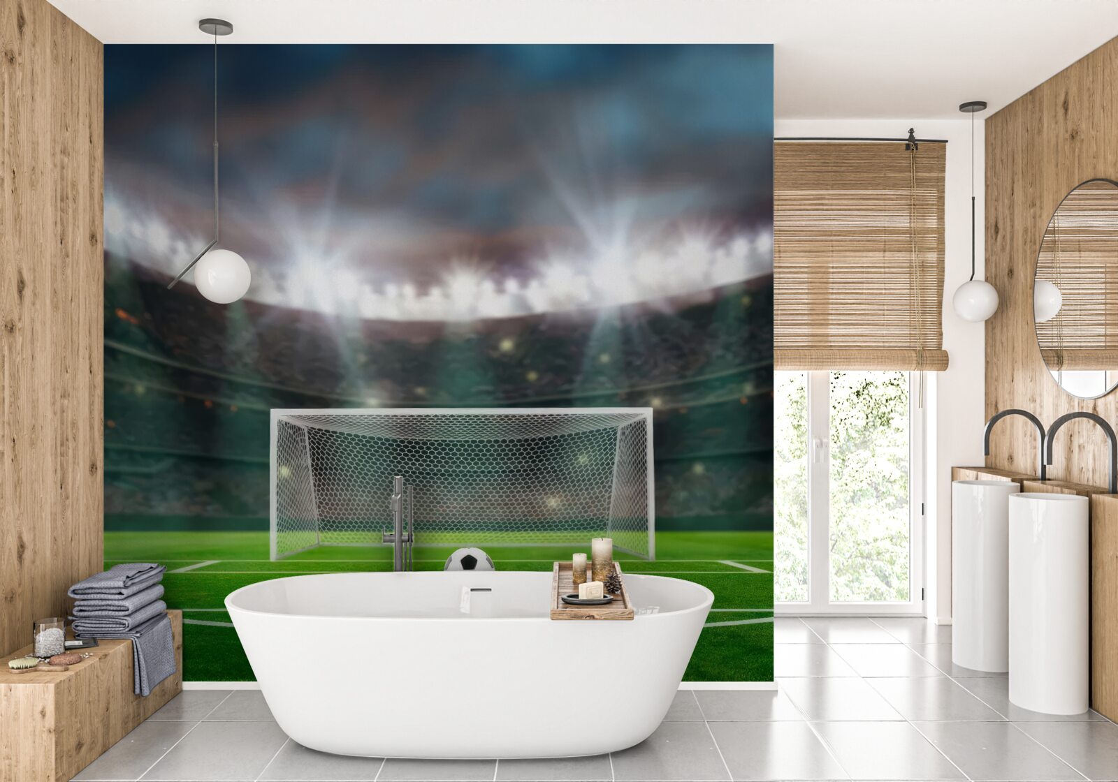 Фотошпалери на полі, поруч з воротами, лежить м'яч