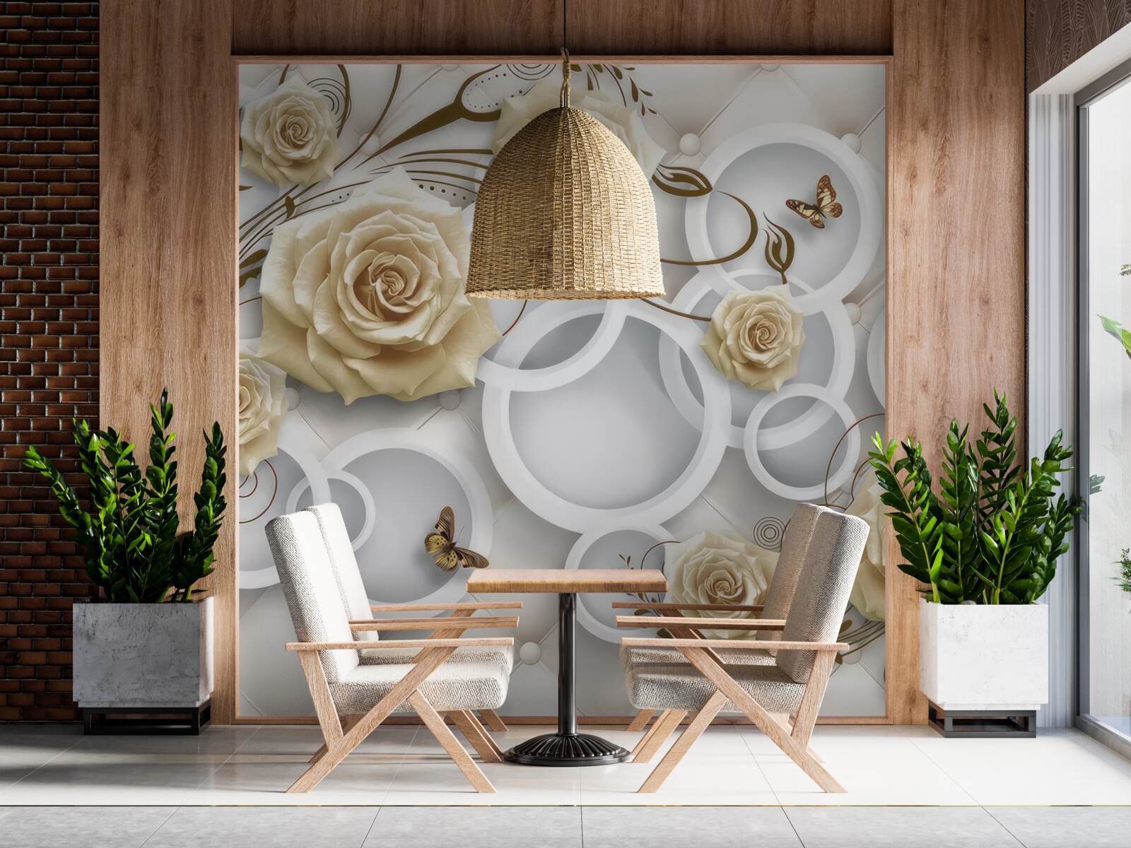 Фотошпалери кремові троянди та метелики