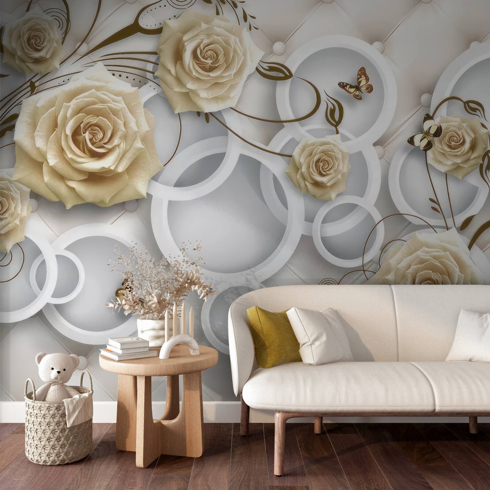 Фотошпалери кремові троянди та метелики