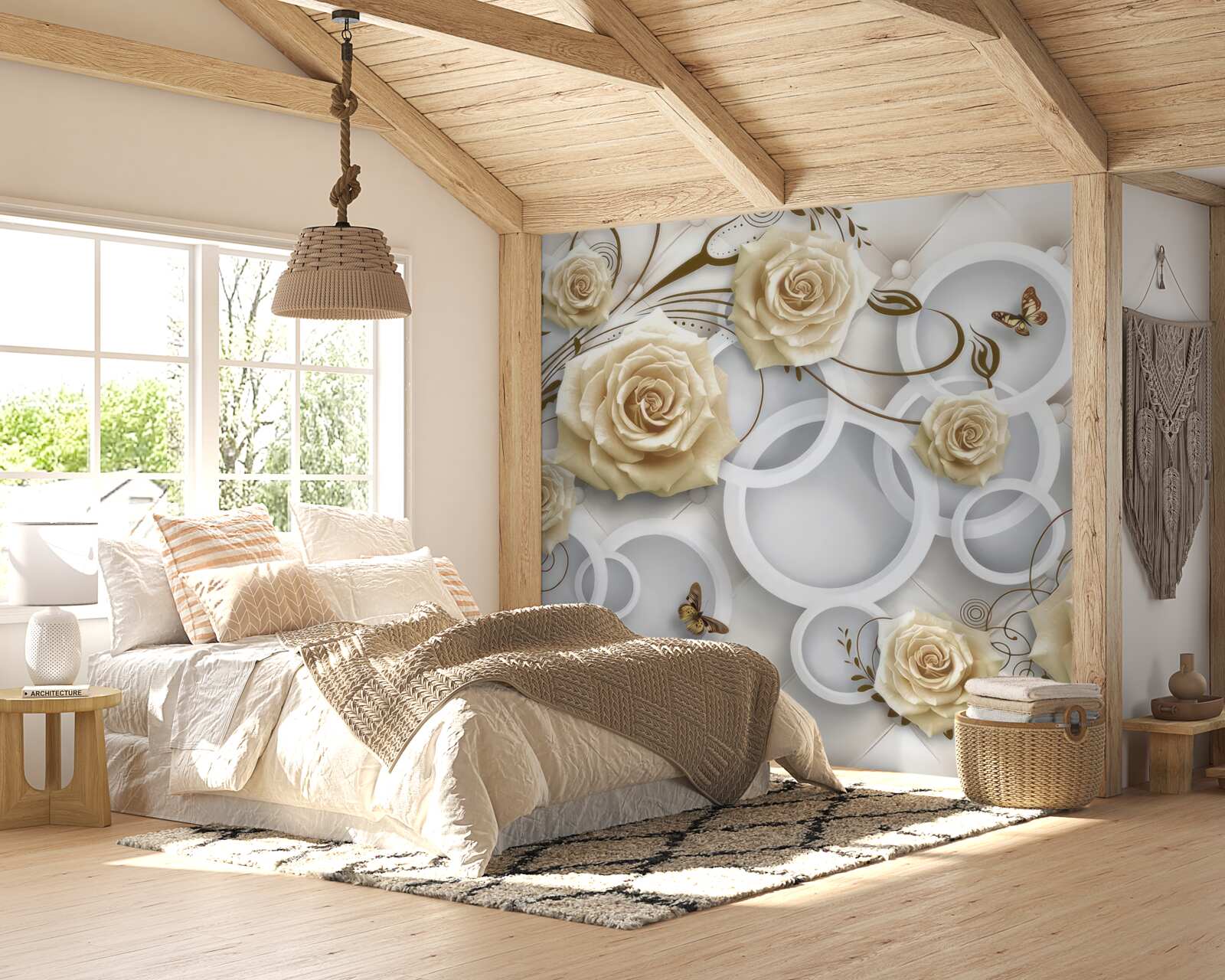 Фотошпалери кремові троянди та метелики