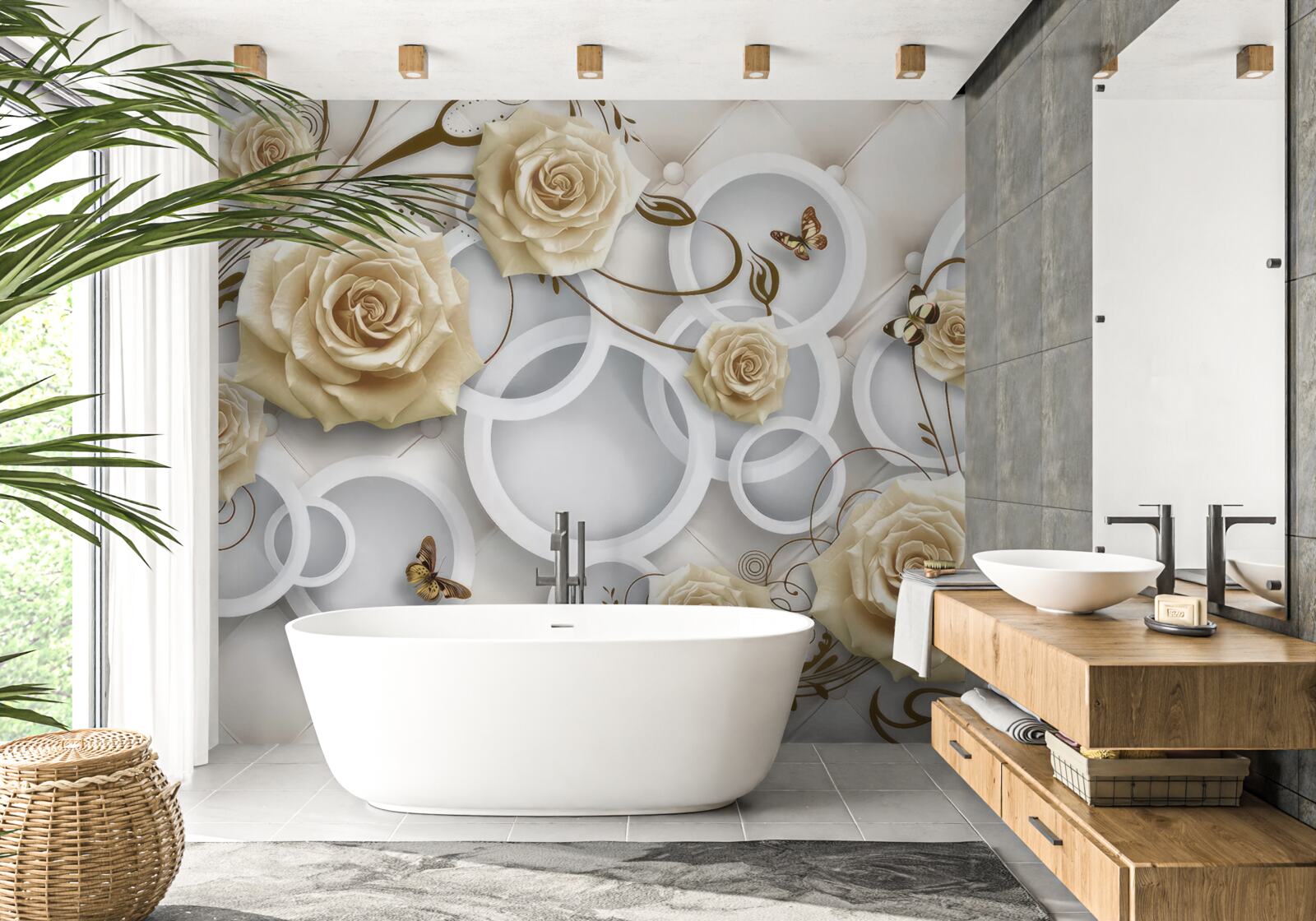 Фотошпалери кремові троянди та метелики