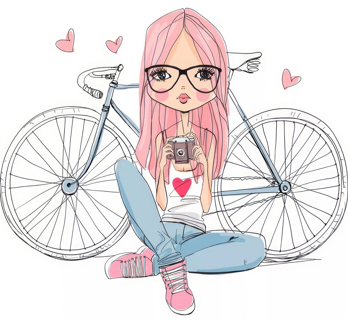 Фотошпалери дівчина з камерою в руках притулилася до велосипеда