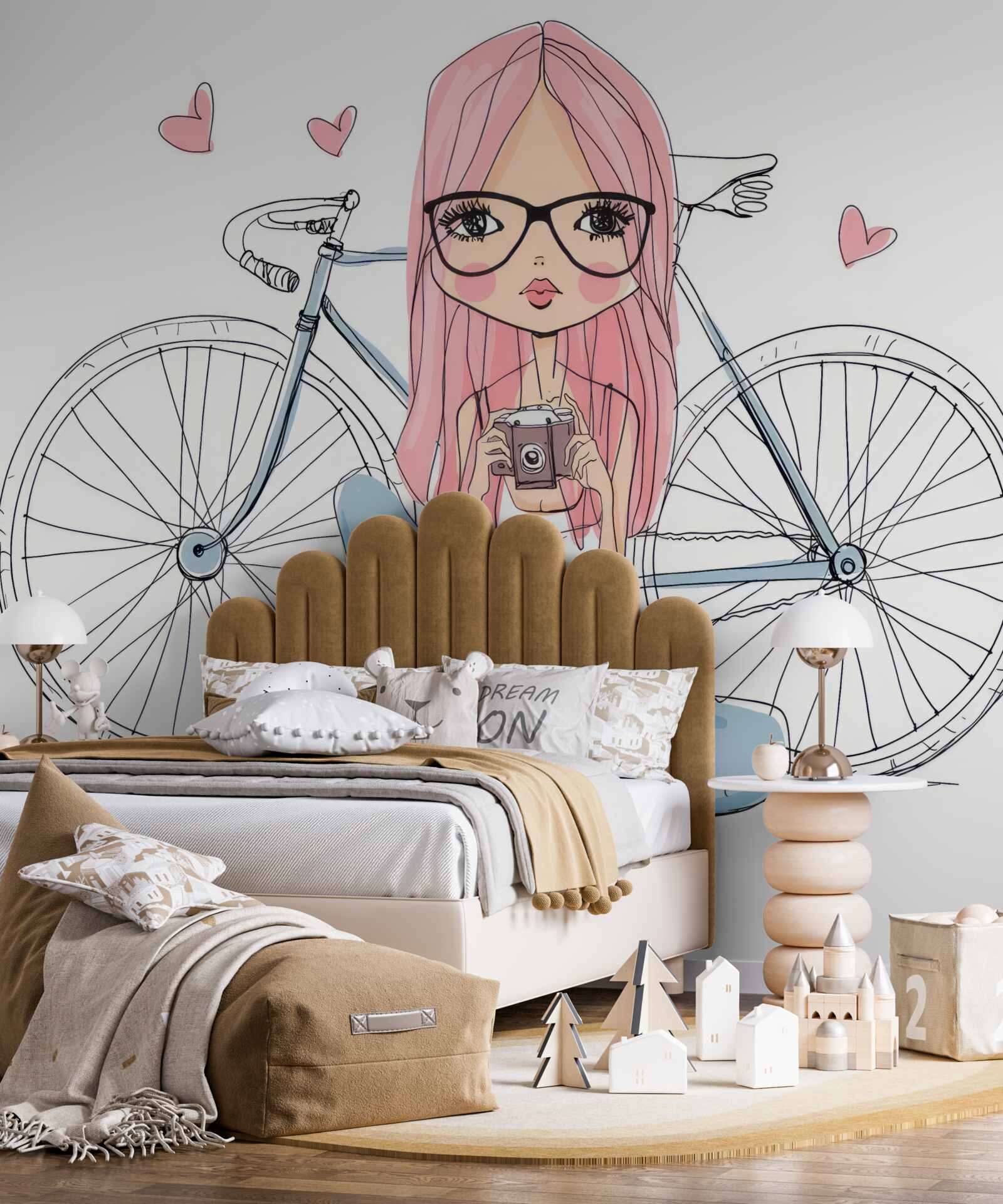 Фотошпалери дівчина з камерою в руках притулилася до велосипеда