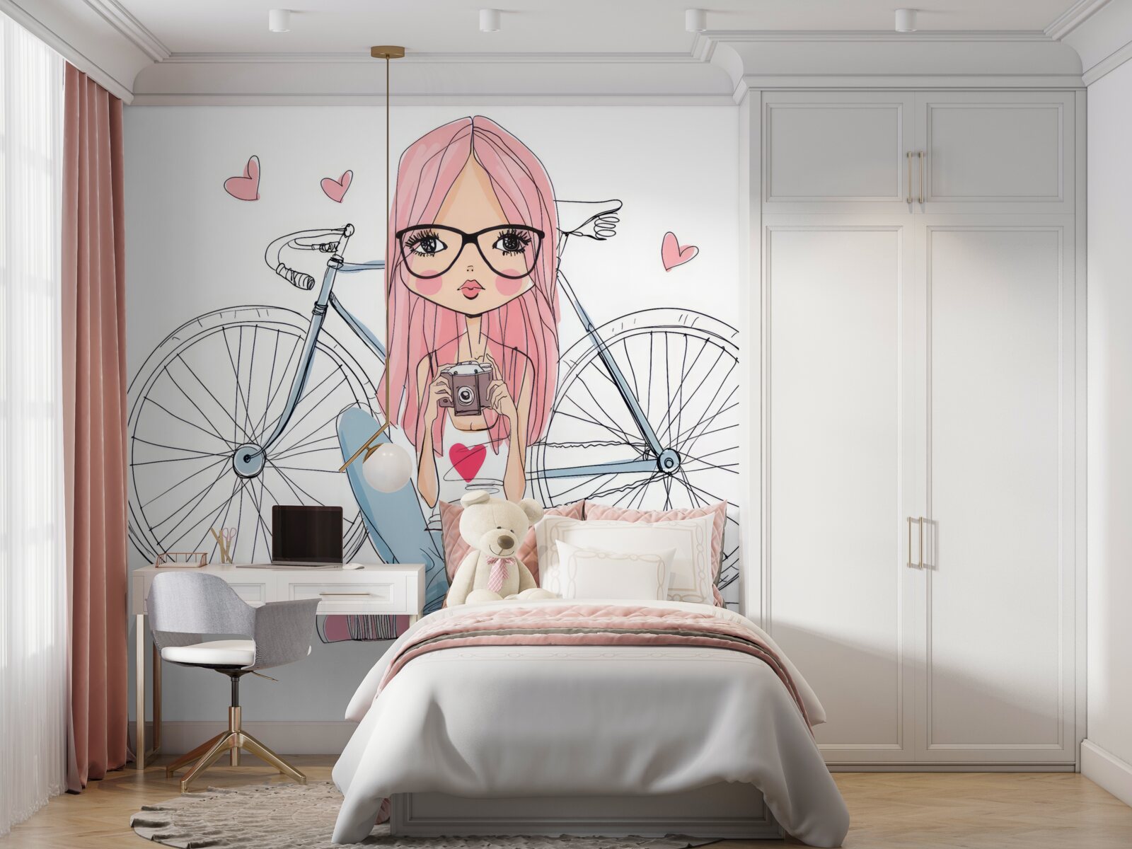 Фотошпалери дівчина з камерою в руках притулилася до велосипеда