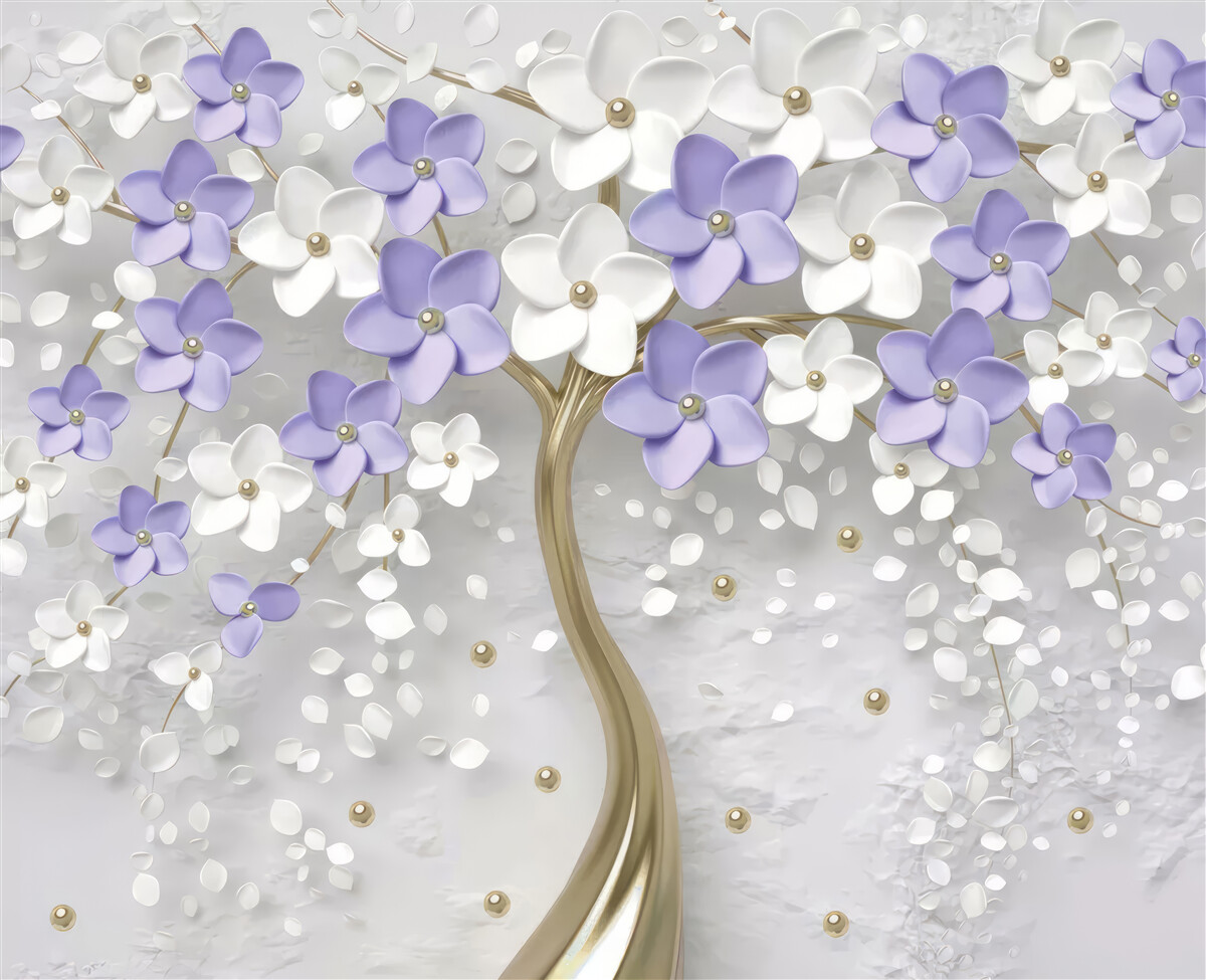 Фотошпалери золоте дерево, прикрашене білими та бузковими квітами