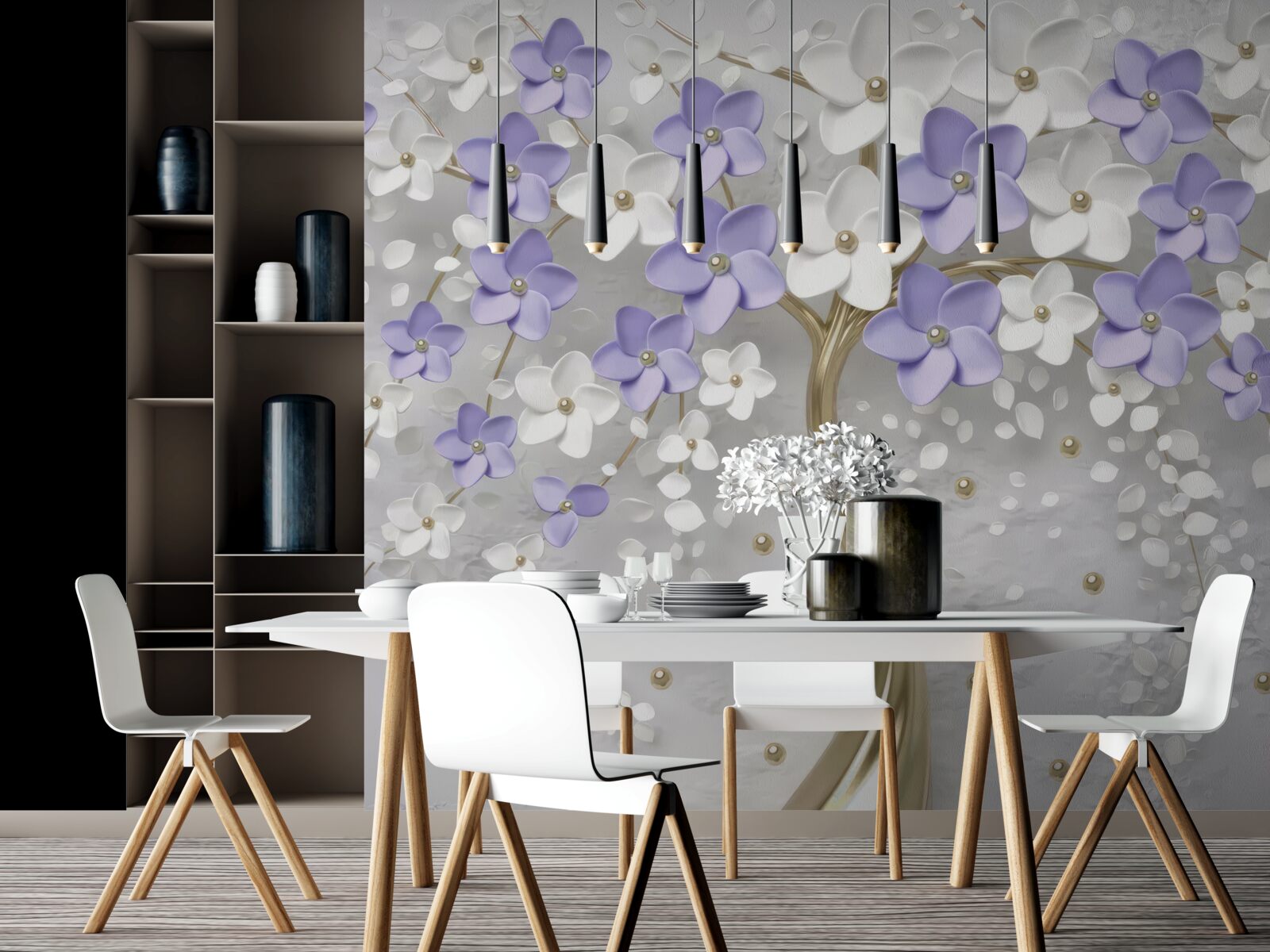 Фотошпалери золоте дерево, прикрашене білими та бузковими квітами