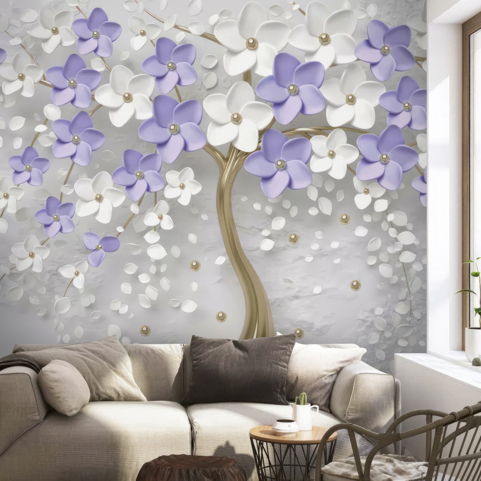 Фотошпалери золоте дерево, прикрашене білими та бузковими квітами