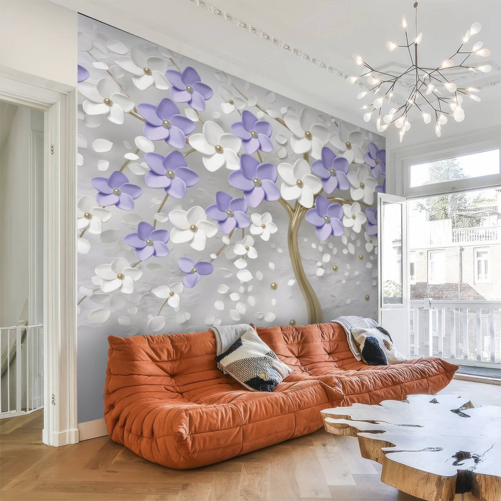 Фотошпалери золоте дерево, прикрашене білими та бузковими квітами