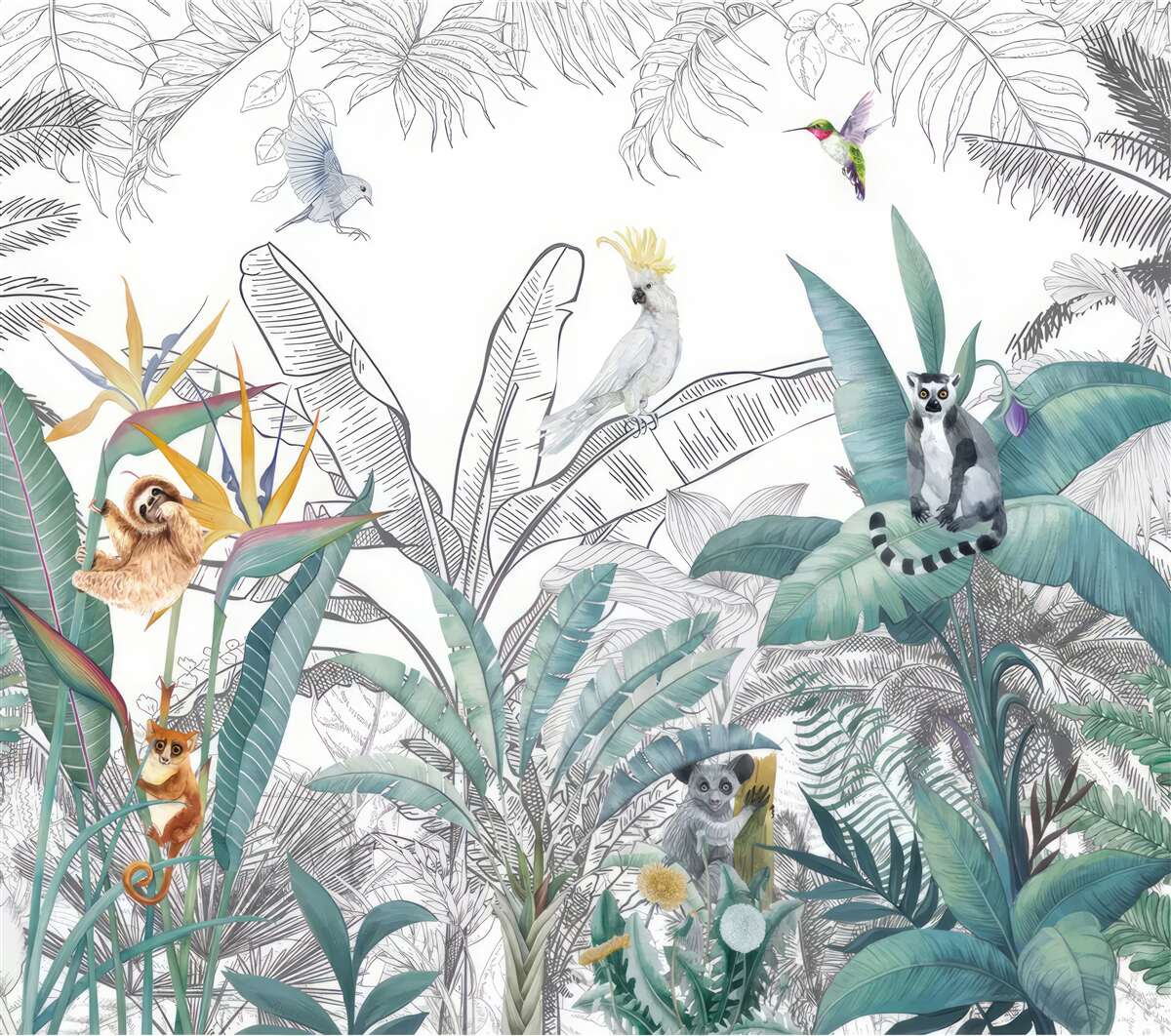 Фотошпалери птахи та тварини на різноманітному листі