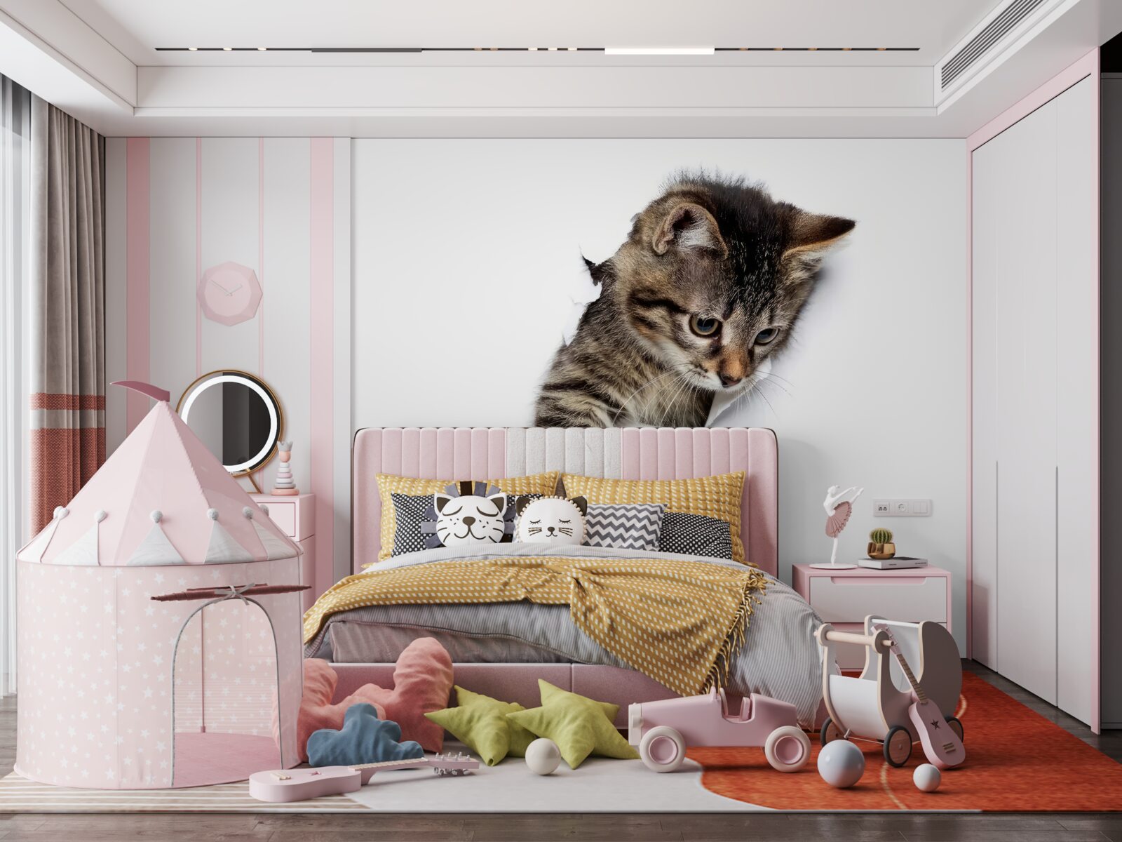 Фотошпалери з білої стіни з'являється кошеня